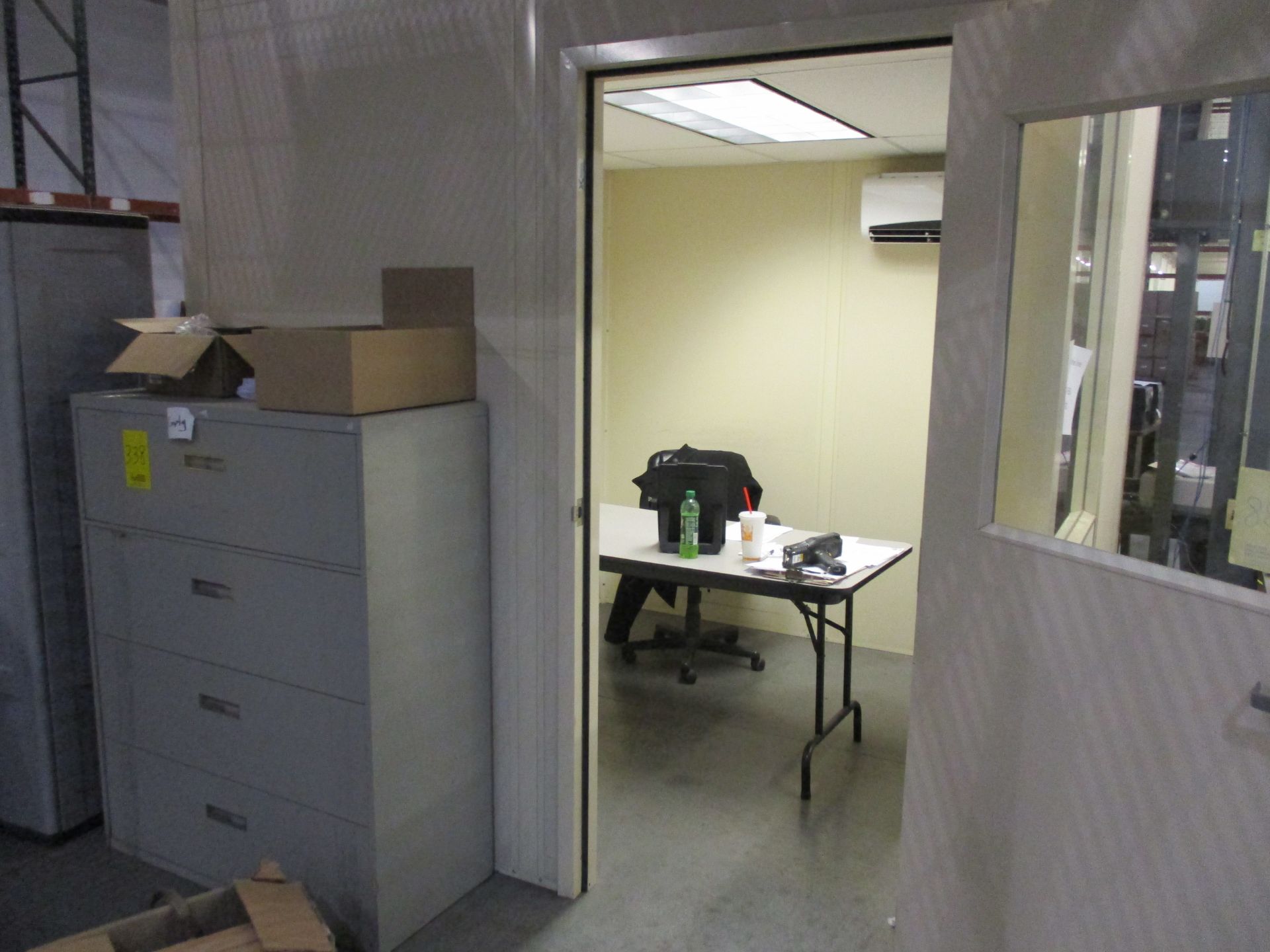 OFFICE AREA; WOOD TABLE, PLASTIC 2-DOOR CABINET, FILE CABINET, AIR CONDITIONER, AND MISC. ITEMS