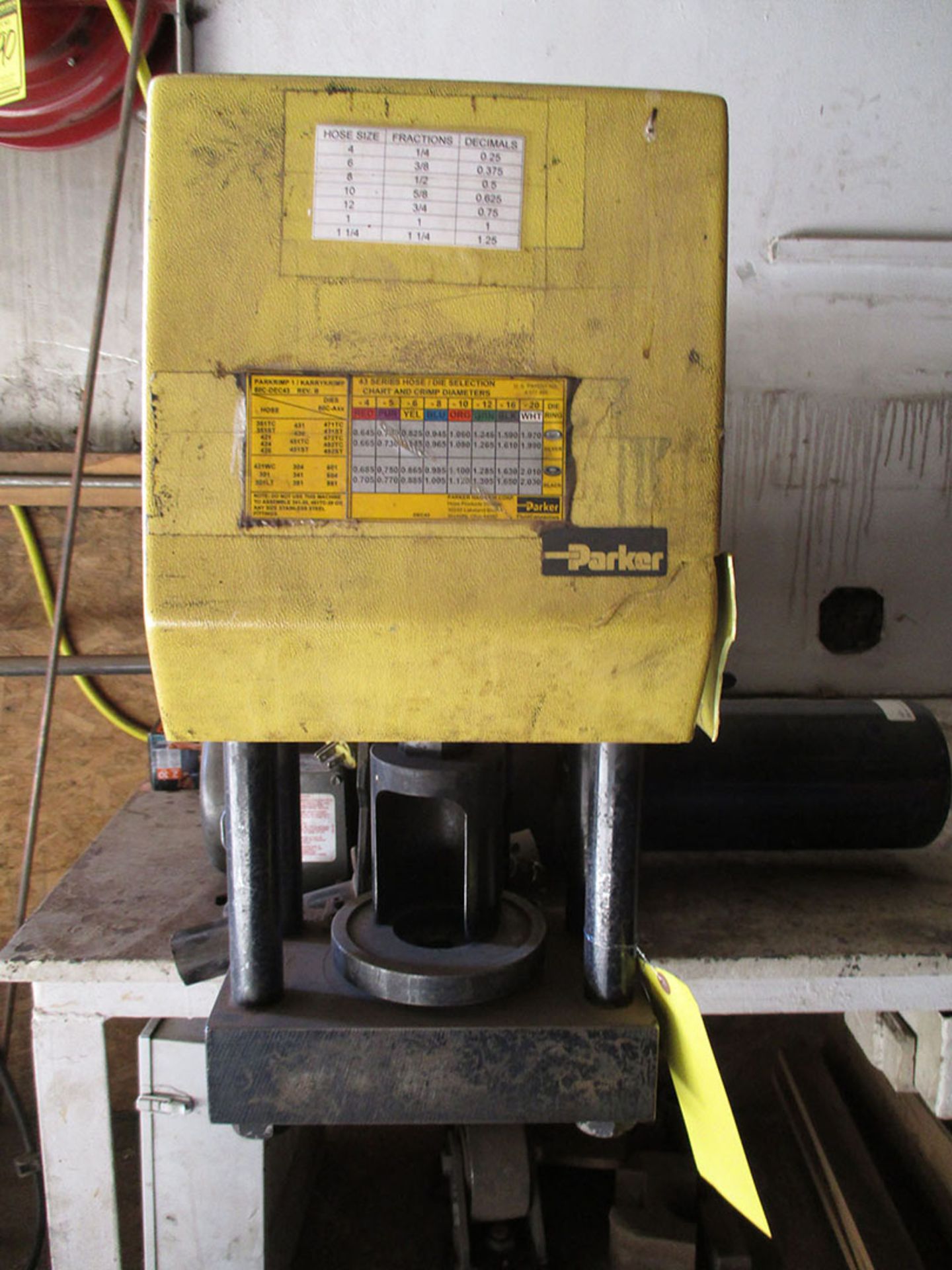 PARKER HYDRAULIC HOSE CRIMPER; MODEL KARRY CRIMP 80C -DEC43 WITH 32'' X 96'' STEEL TABLE, DIES, - Image 2 of 4