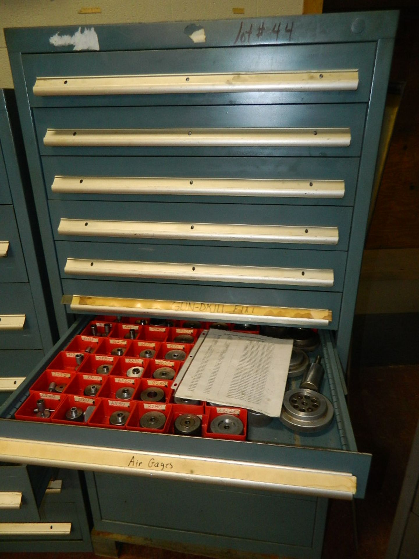 CONTENTS OF 11-DRAWERS; AIR GAUGES, GRINDING STONES, AND ARBORS