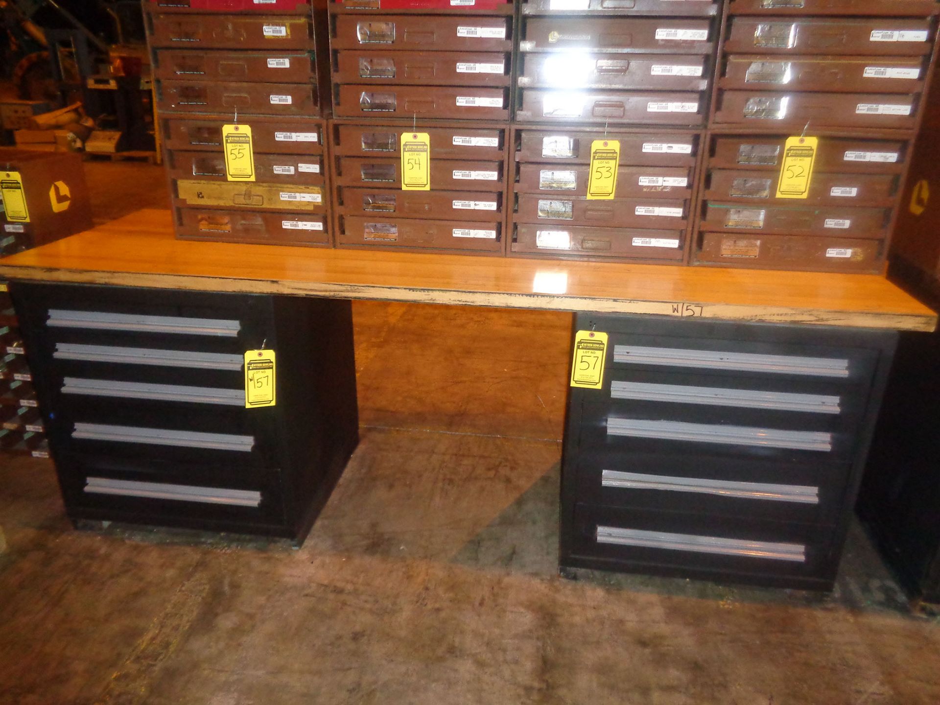 STANLEY VIDMAR WORK STATION - (2) CABINETS W/ TABLE TOP (INCLUDES CONTENTS IN DRAWERS)