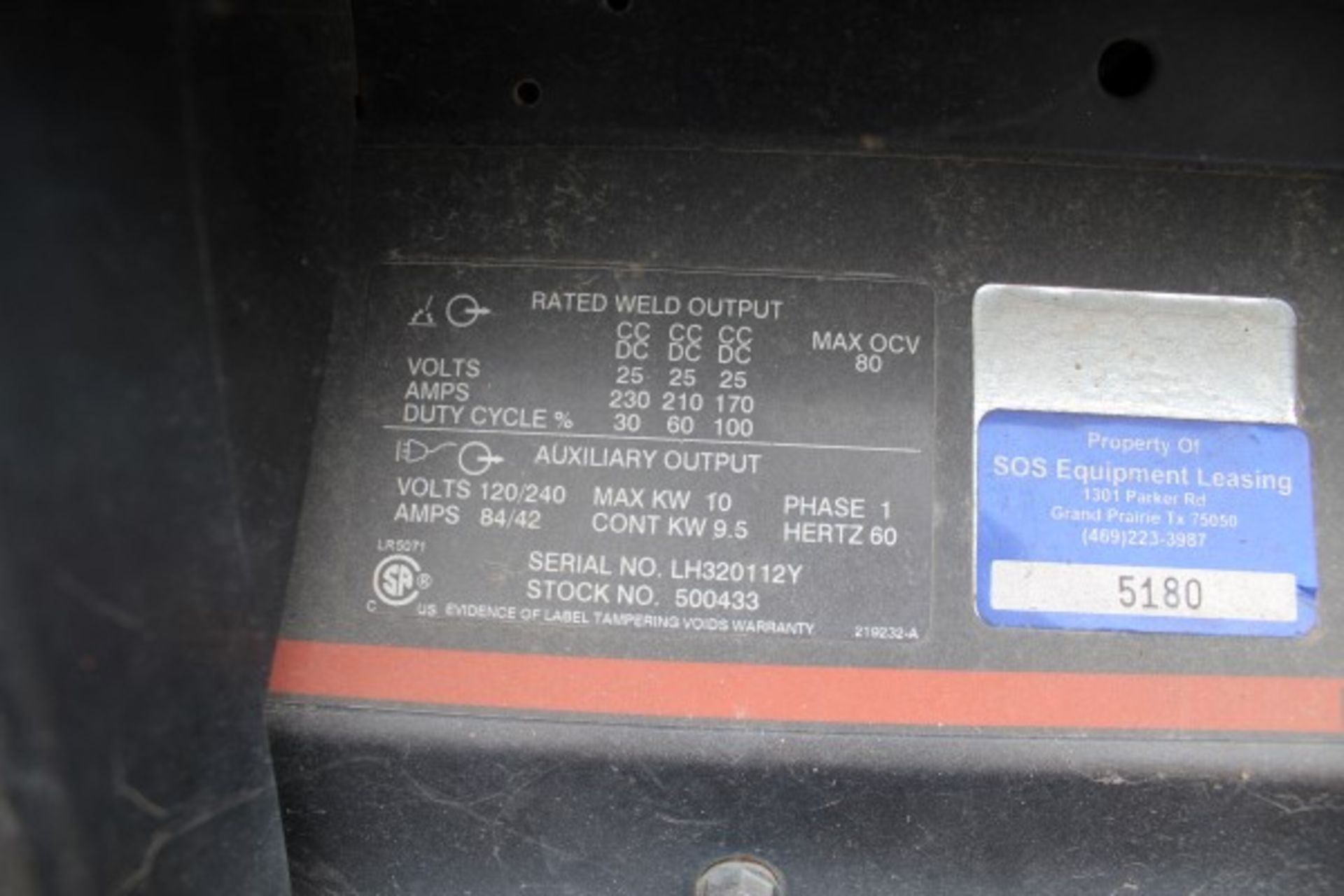 Hobart Gas Powered Welder/Generator, 10,000 Watt Generator, 230 Amp DC/CC Welder, S/N LH320112Y - Image 2 of 2