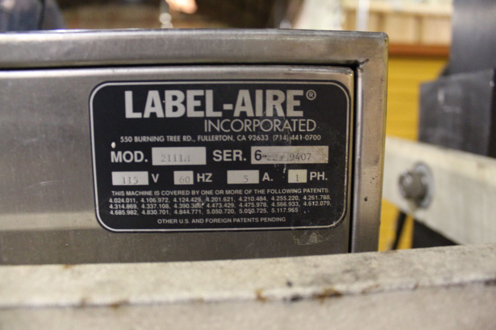 Label-Aire Pressure Sensitive Label Applicator, M# 2111H, S/N 6-229.9407 - Bild 2 aus 2