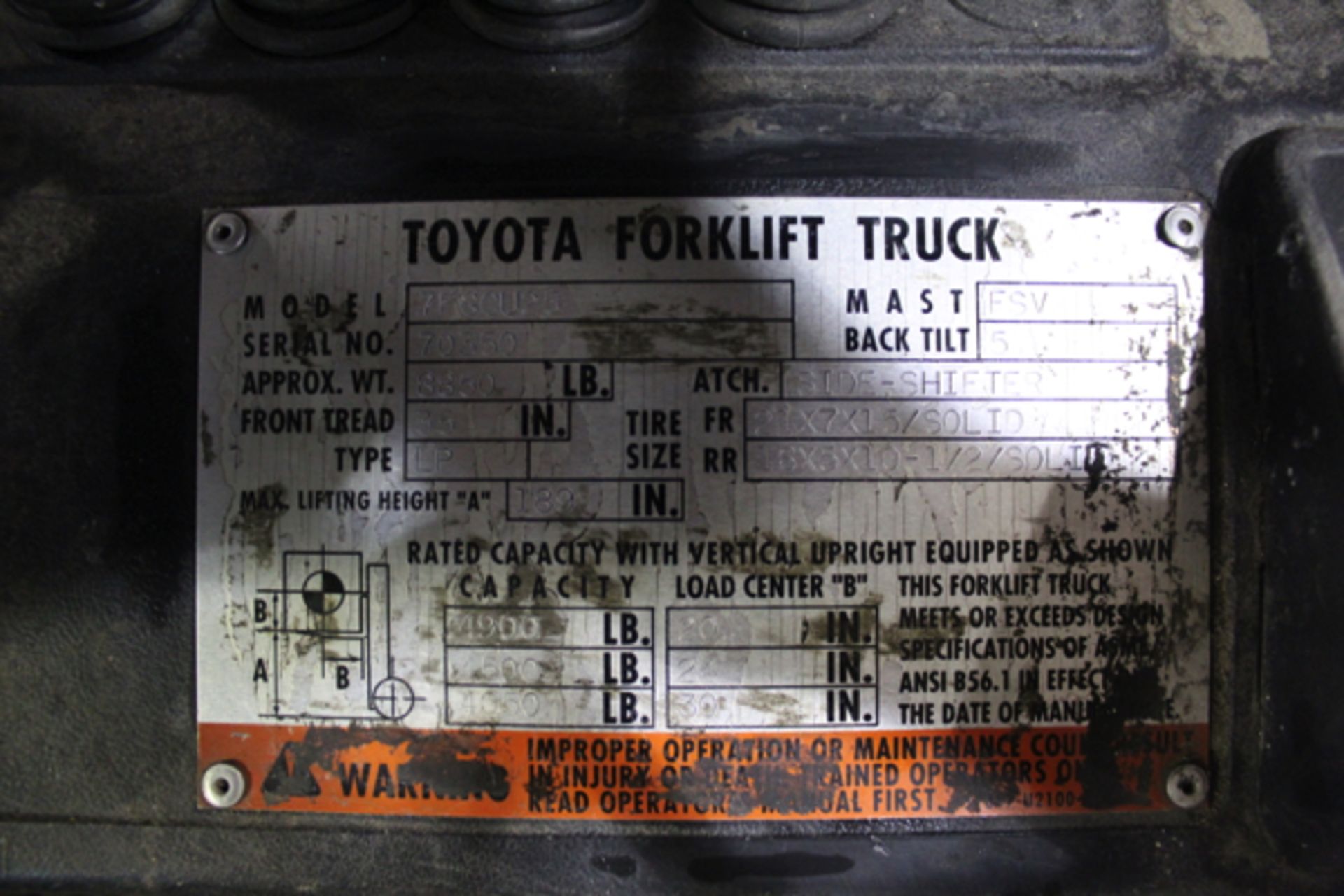 Toyota 4900 lb. Forklift, M# 7FGCU25, S/N 70350, Side Shift - Image 2 of 2