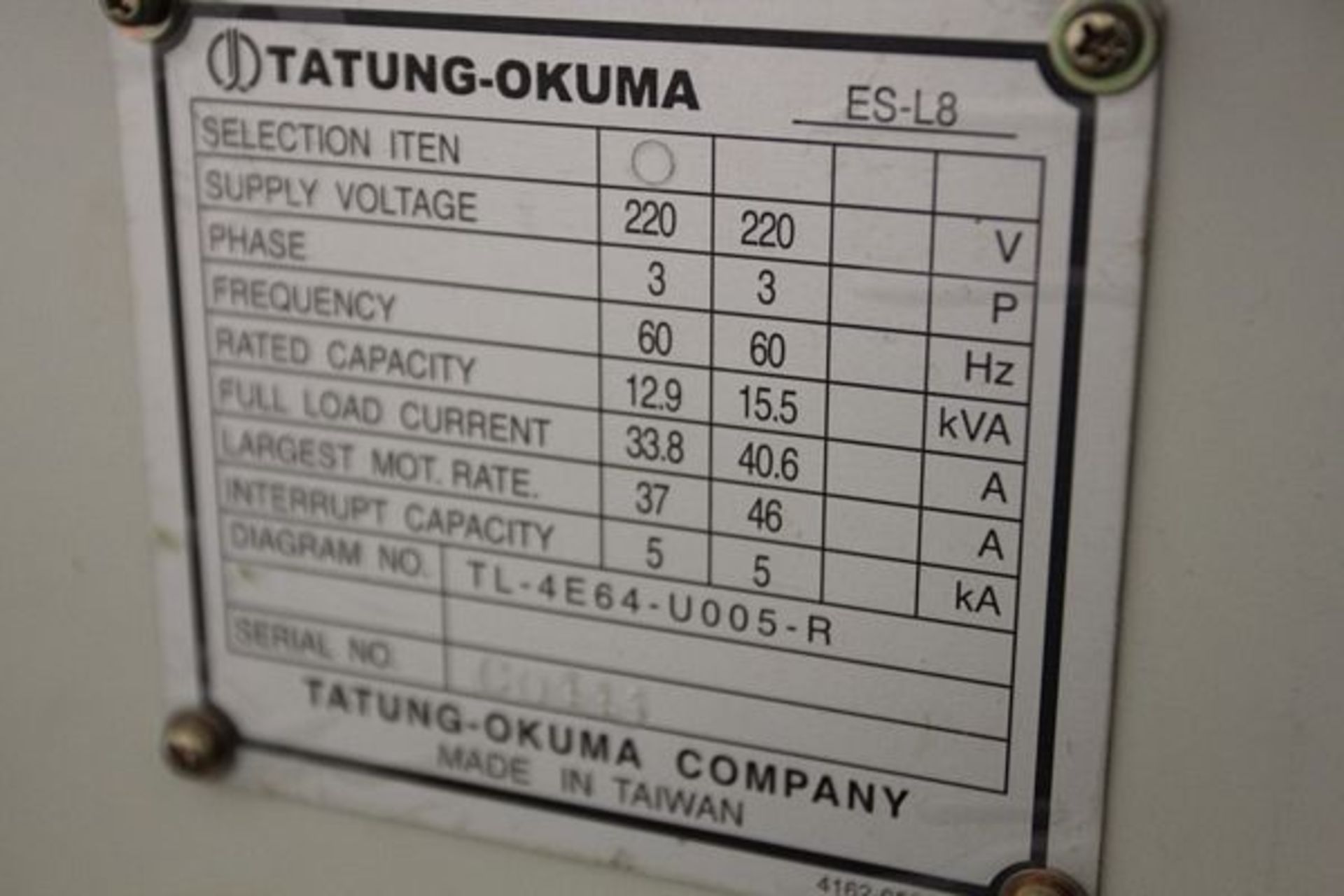 OKUMA ES-L8 CNC LATHE, s/n C0443, w/OSP-U10L CNC Control, 7 3/4" 3-Jaw Chuck, 8-Station Turret, - Image 10 of 10