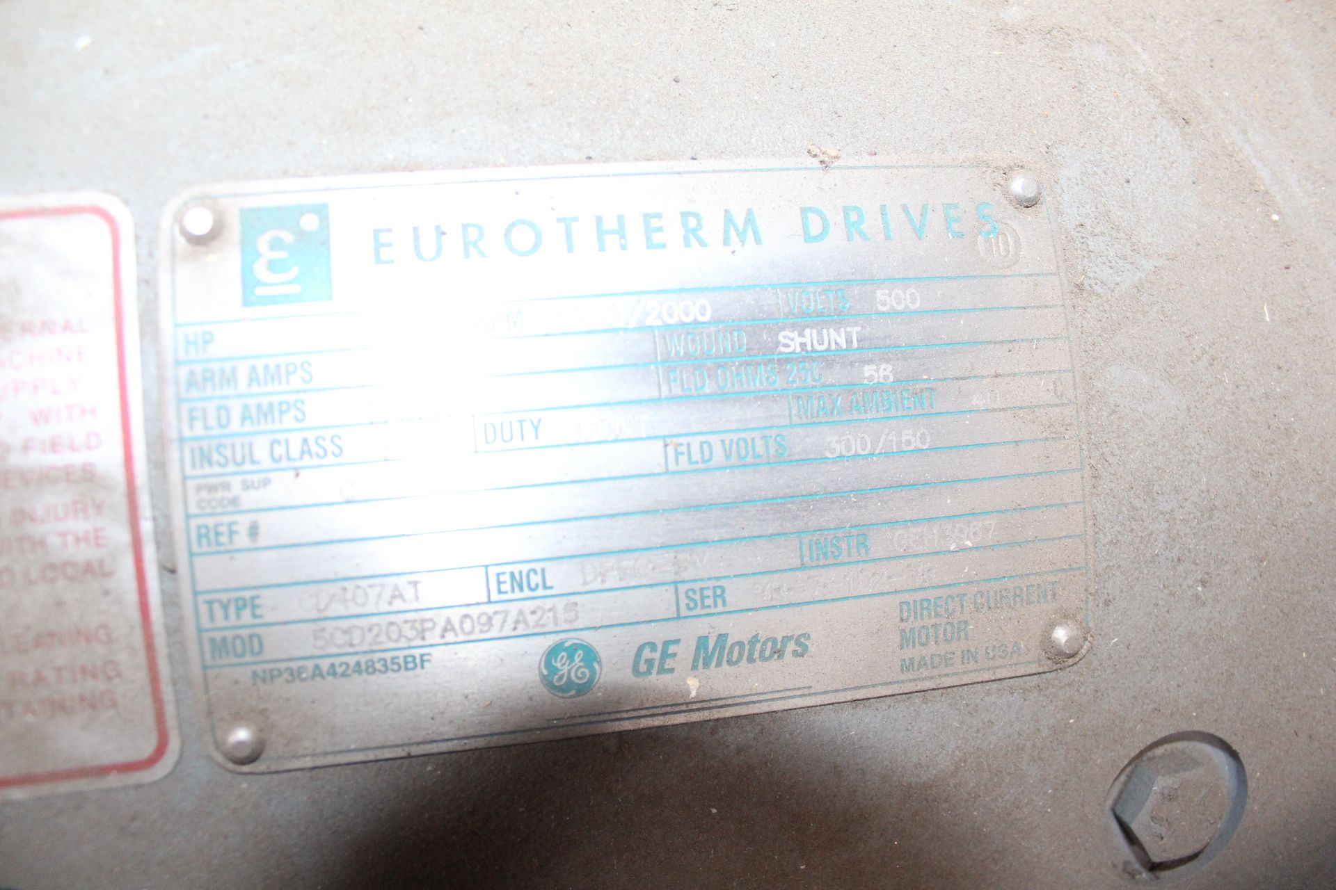 GE Eurotherm 150-Hp DC Motor, 500 Volts, 1750/2000 RPM; Motor Room - Image 2 of 2