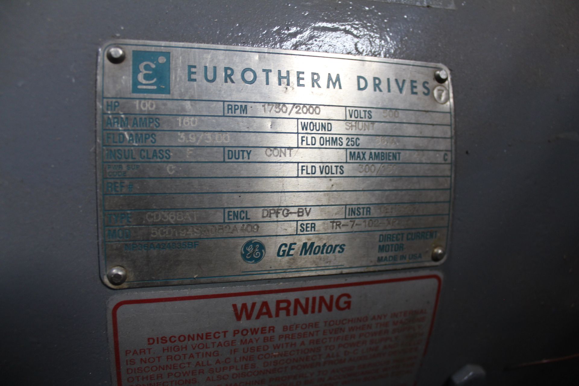 GE Eurotherm 100-Hp DC Motor, 500 Volts, 1750/2000 RPM; Motor Room - Image 2 of 2