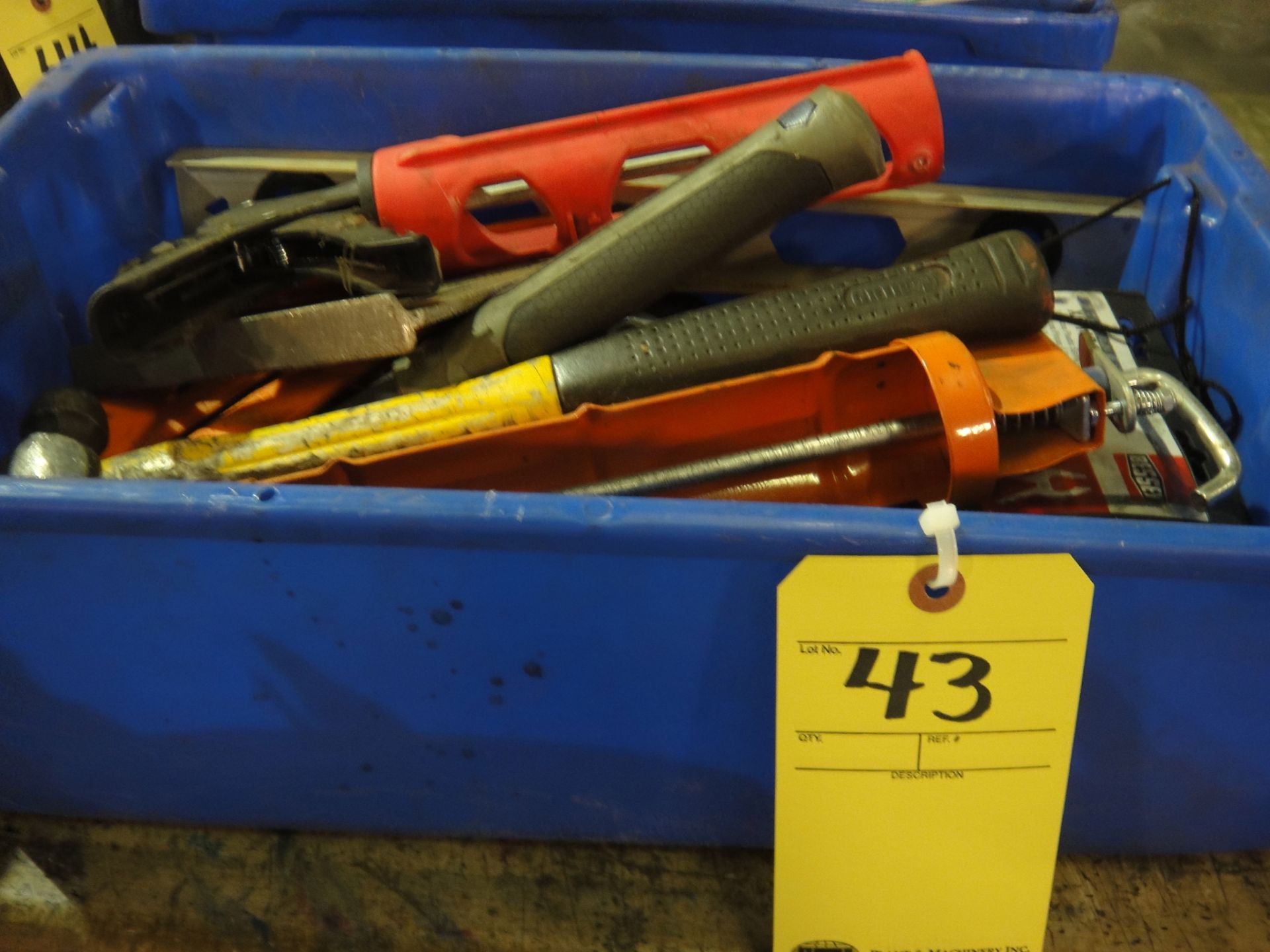 LOT OF TOOLS: caulk gun, hammers, squares, assorted