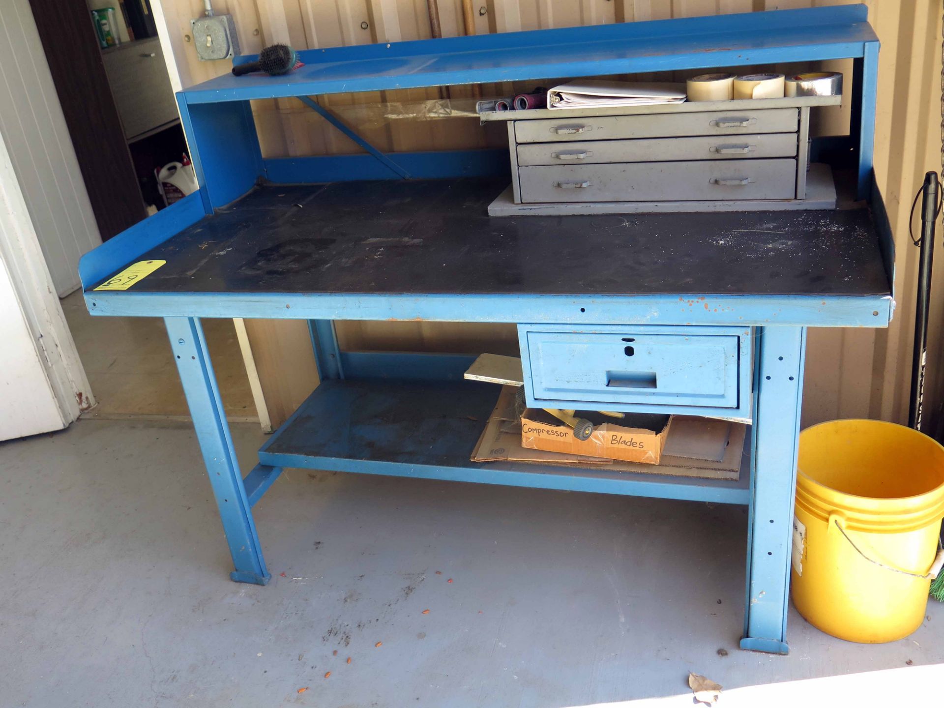 METAL SHOP DESK TOP TABLE,  5' W., metal w/shelf, small toolbox attached