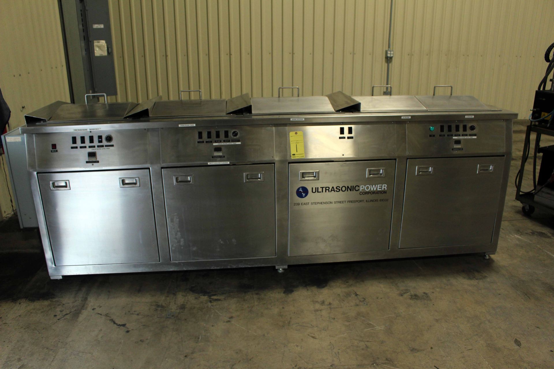 ULTRASONIC CLEANING SYSTEM, ULTRASONIC POWER CO. MDL. 51-15-133 4-STATION, 16"W. x 20'L. x 16" dp.