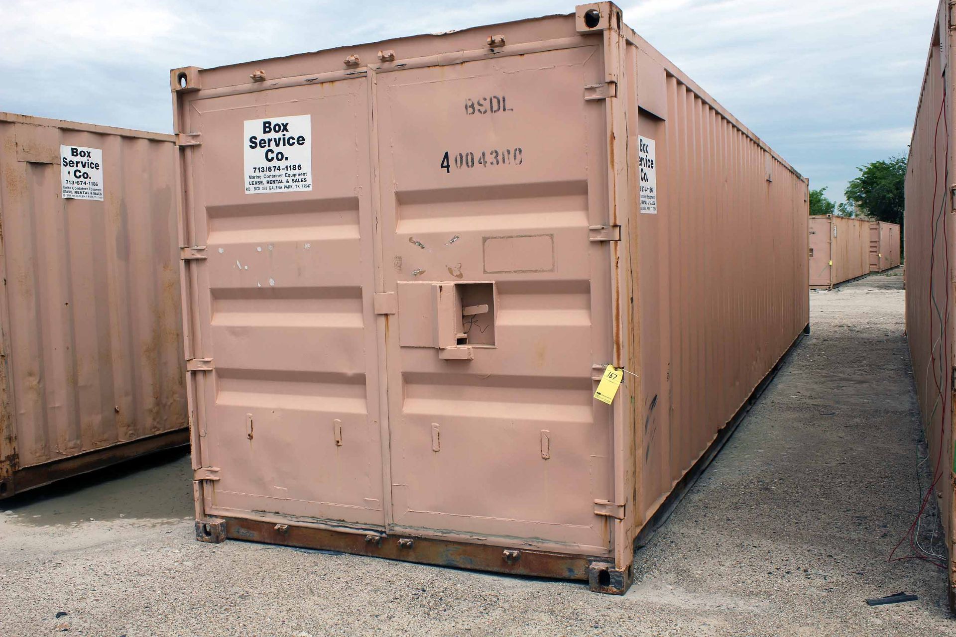 STEEL STORAGE CONTAINER, 40'L. x 96"W. x 8' ht., dbl. swing- out rear doors, front man door (Unit