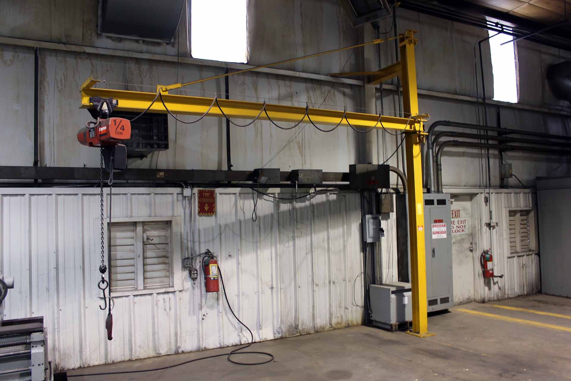 FREE STANDING PEDESTAL JIB CRANE, SHOP BUILT 1/4 T. CAP., w/Dayton 1/4 T. elec. chain hoist