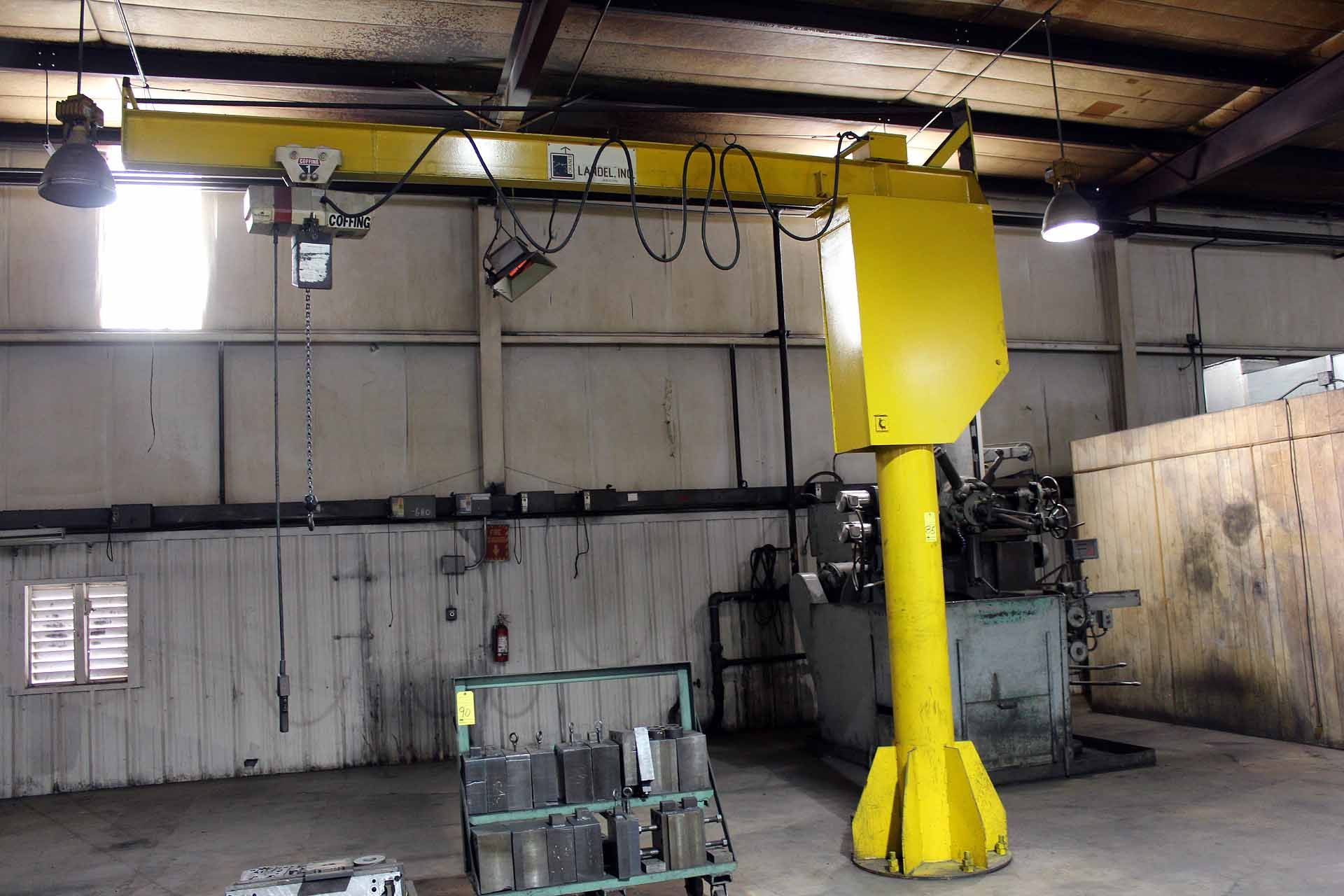 FREE STANDING PEDESTAL JIB CRANE, LANDEL 1 T. CAP., w/Coffing 1 T. elec. chain hoist