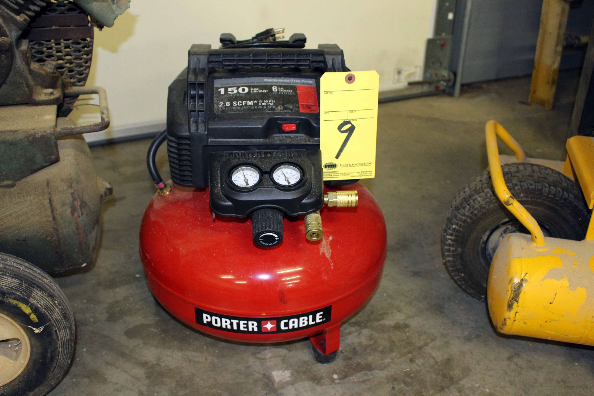 PORTABLE AIR COMPRESSOR, PORTER CABLE, 150 PSI, 2.6 SCFM, 6 gal. cap.