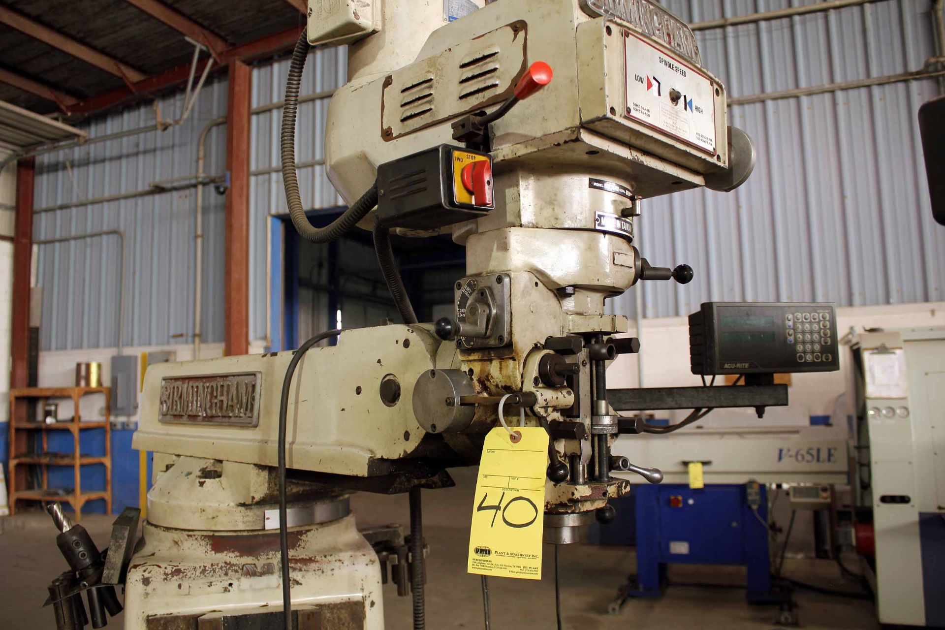 VERTICAL TURRET MILLING MACHINE, BIRMINGHAM MDL. BPV-1054, new 2003, 10" x 54" table, pwr. feed, 2- - Image 2 of 3