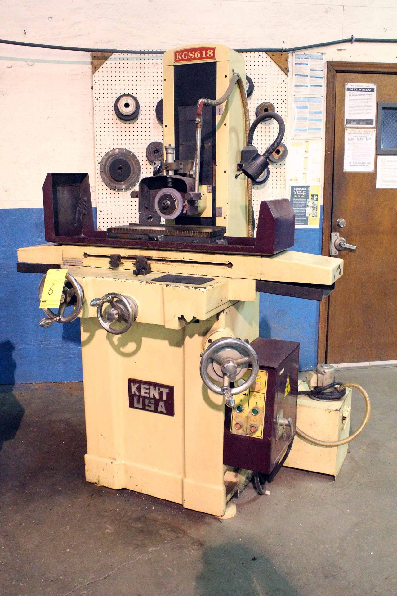 HAND FEED SURFACE GRINDER, KENT 6" X 18" MDL. KGS618, new 12/2003, perm. magnetic chuck, coolant