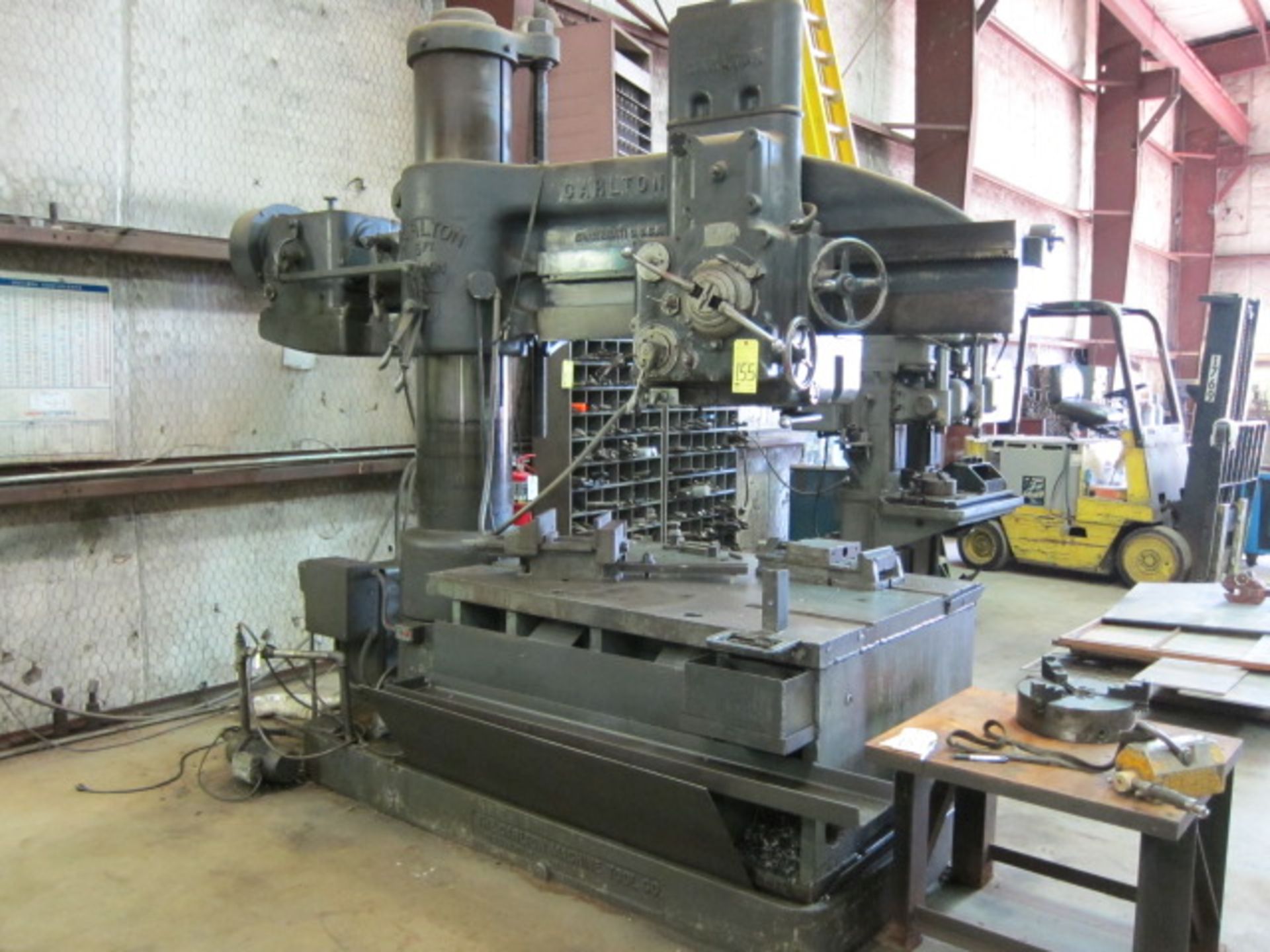 RADIAL ARM DRILL, CARLTON 5' X 15", 44" x 60" fabricated steel table, pwr. clamping & elevation, S/N