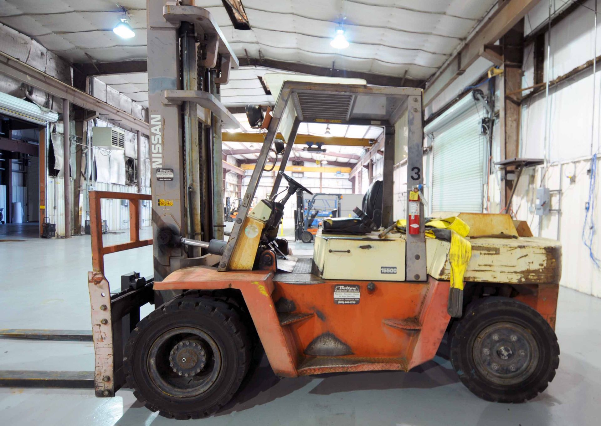 FORKLIFT, NISSAN MDL. VFO5H70V, diesel pwrd., 15,500 lb. cap. @ 24" L.C, 14,305 lb. cap. @ 28" L.C.,