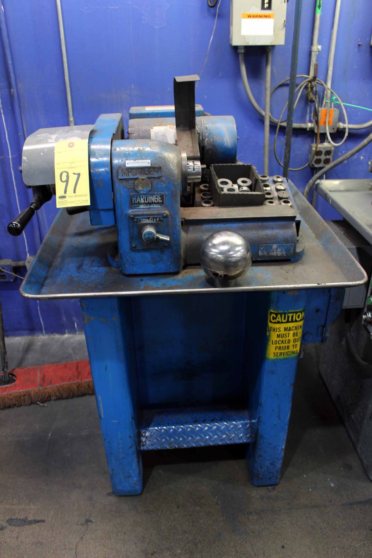 SPEED LATHE, HARDINGE MDL. HSL, assorted 5C collets, fabricated steel stand, S/N HSL-5C-1546E