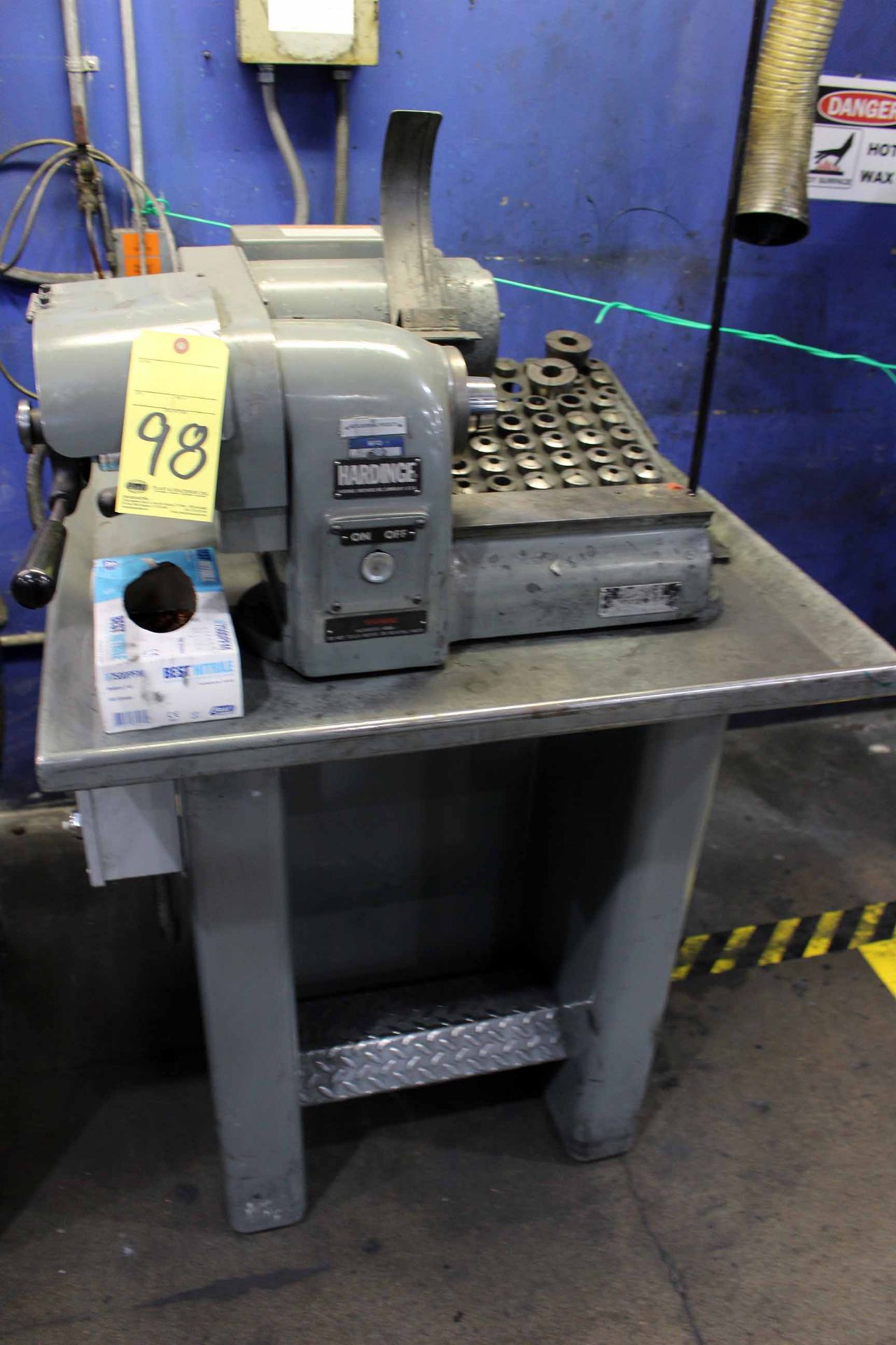 SPEED LATHE, HARDINGE MDL. HSL, assorted 5C collets, fabricated steel stand, S/N HSL-5C-7085-T