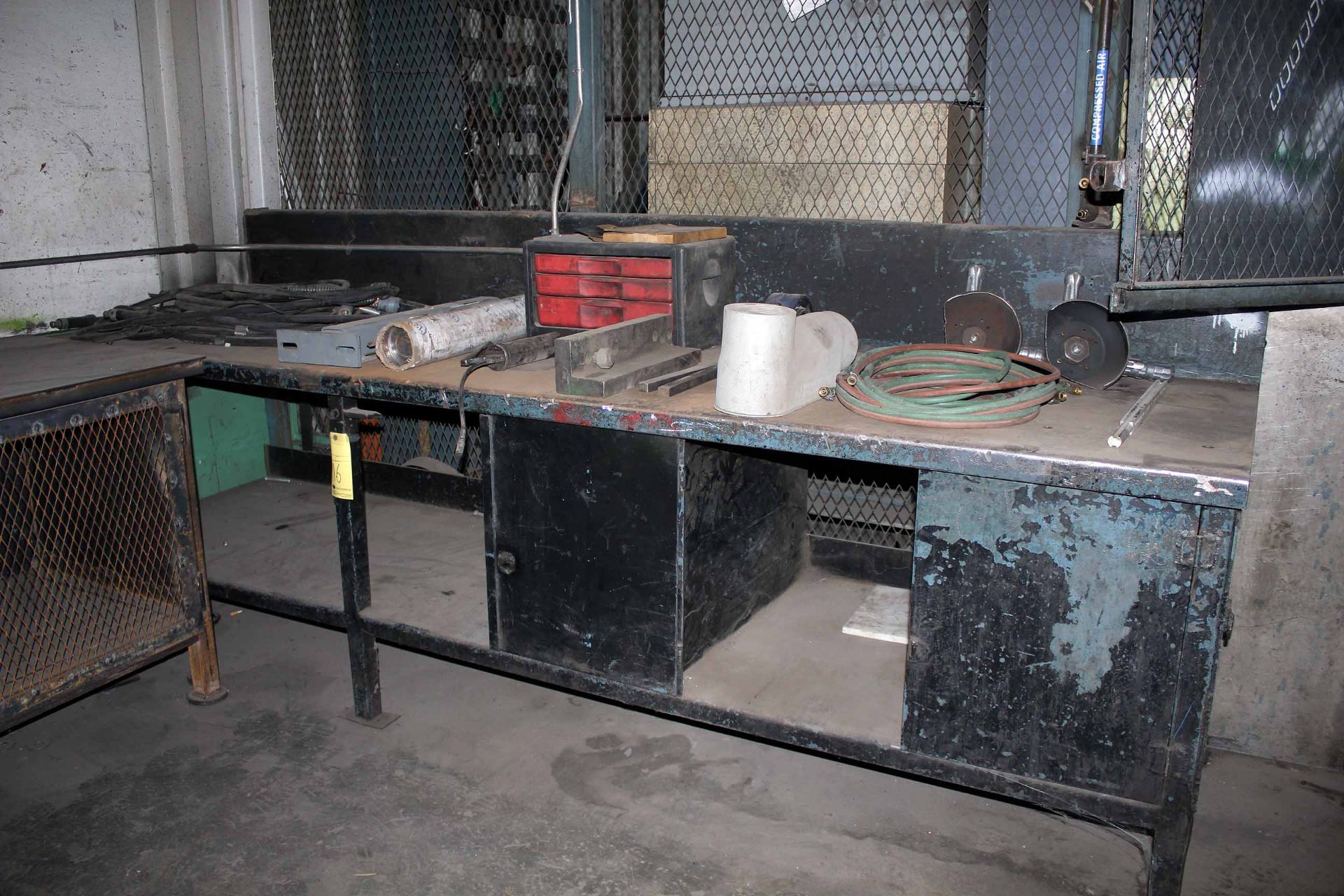 WORKTABLE, steel fabricated, 10'W. x 30" dp. X 36" ht., w/contents