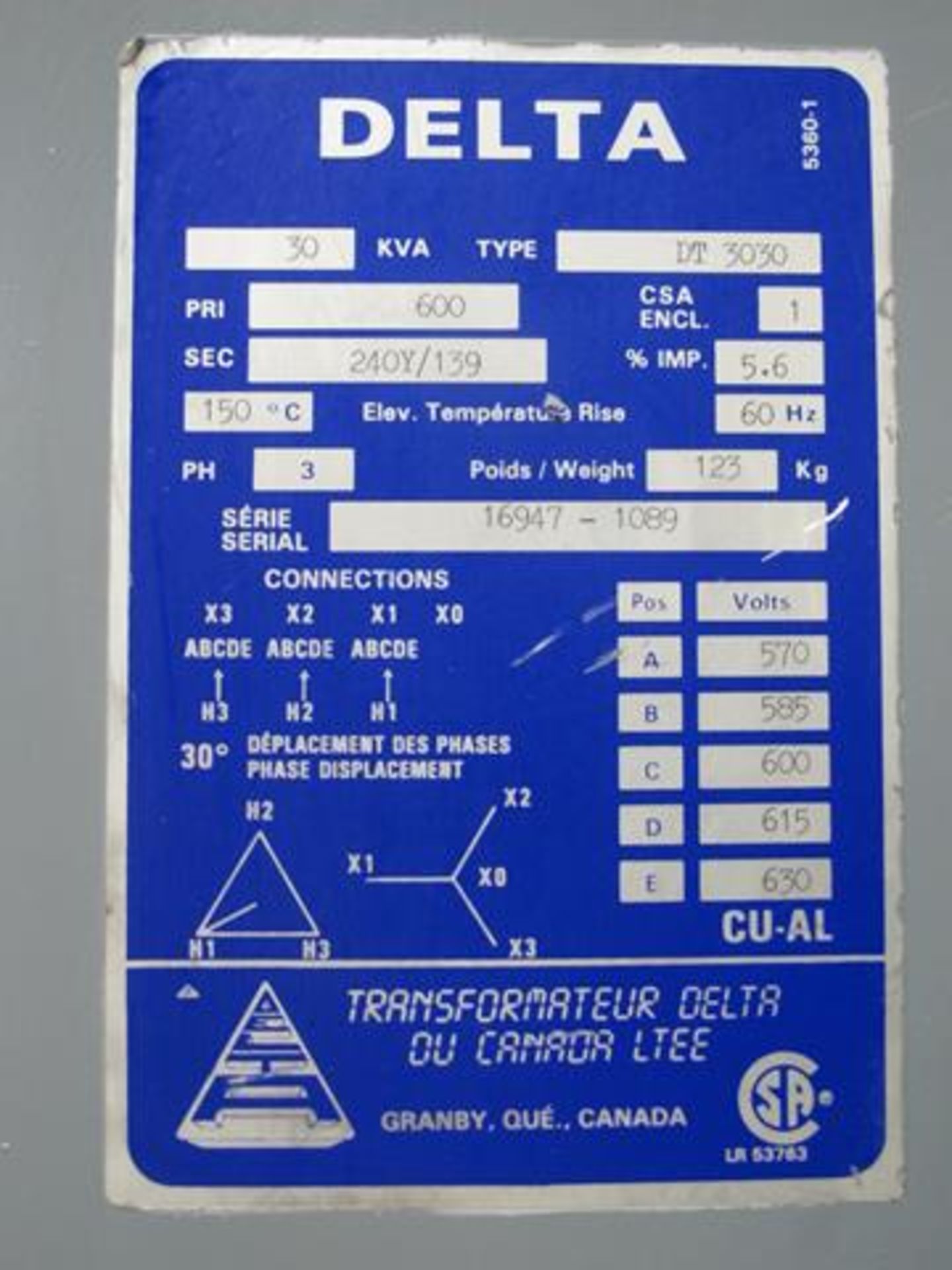 DELTA, 600V TO 220V, 30 KVA, TRANSFORMER, USED WITH LOT 12, (L2) - Image 3 of 3