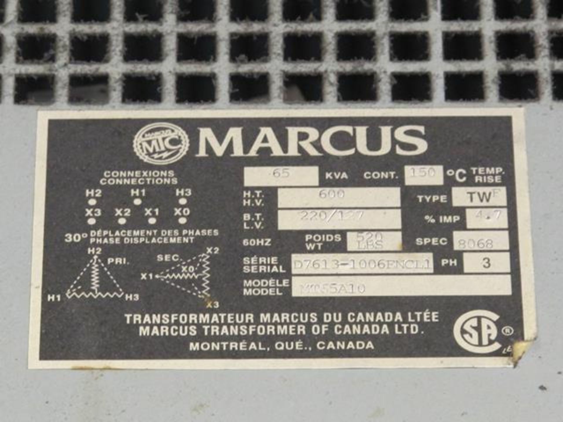 MARCUS, 600 VOLT TO 220 VOLT, 65 KVA, TRANSFORMER, USED WITH LOT 29, (L2) - Image 3 of 3