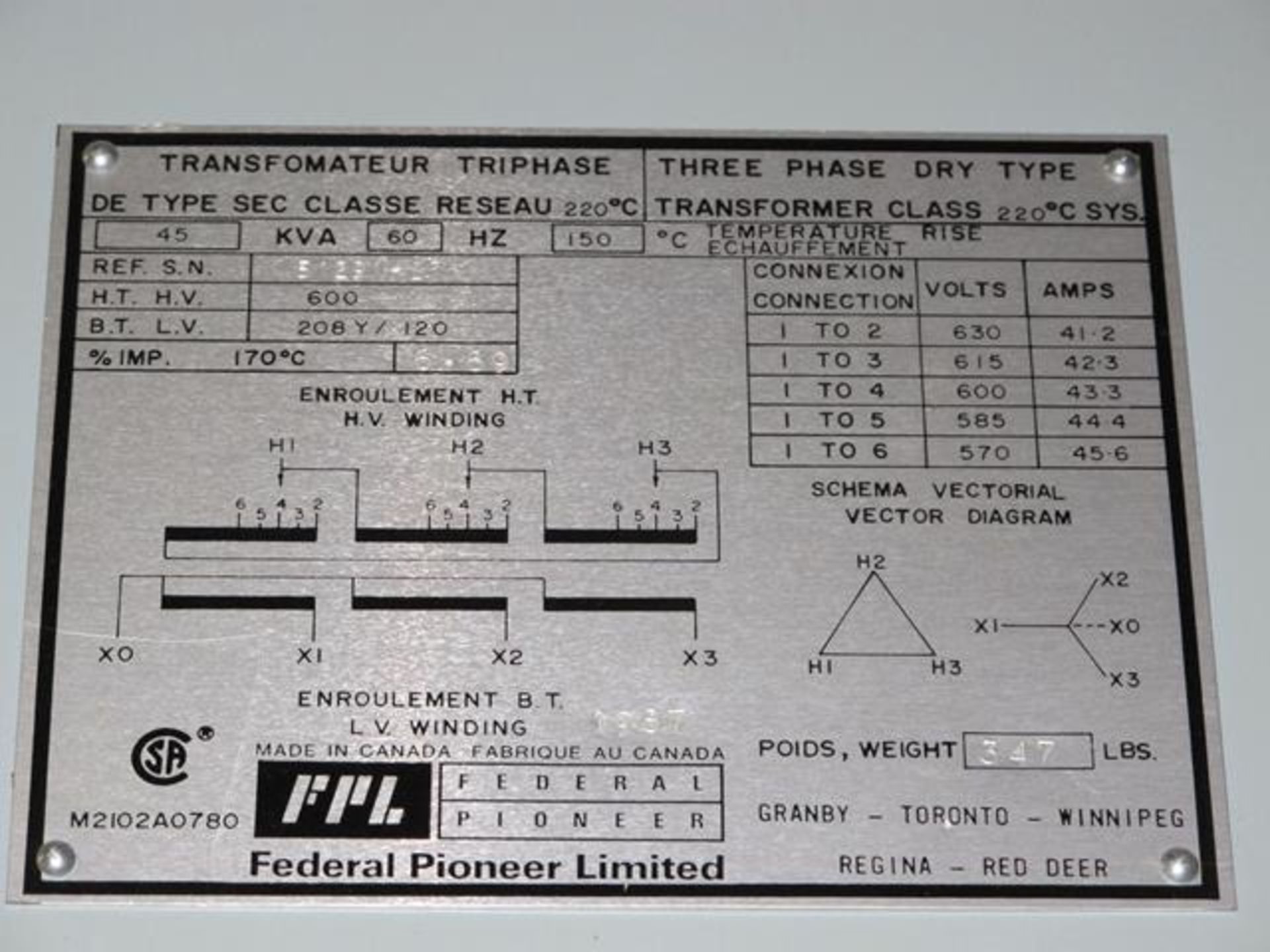 FEDERAL PIONEER TRANSFORMER, 600V TO 220V, 45 KVA, USED WITH LOT 26, (L2) - Image 3 of 3