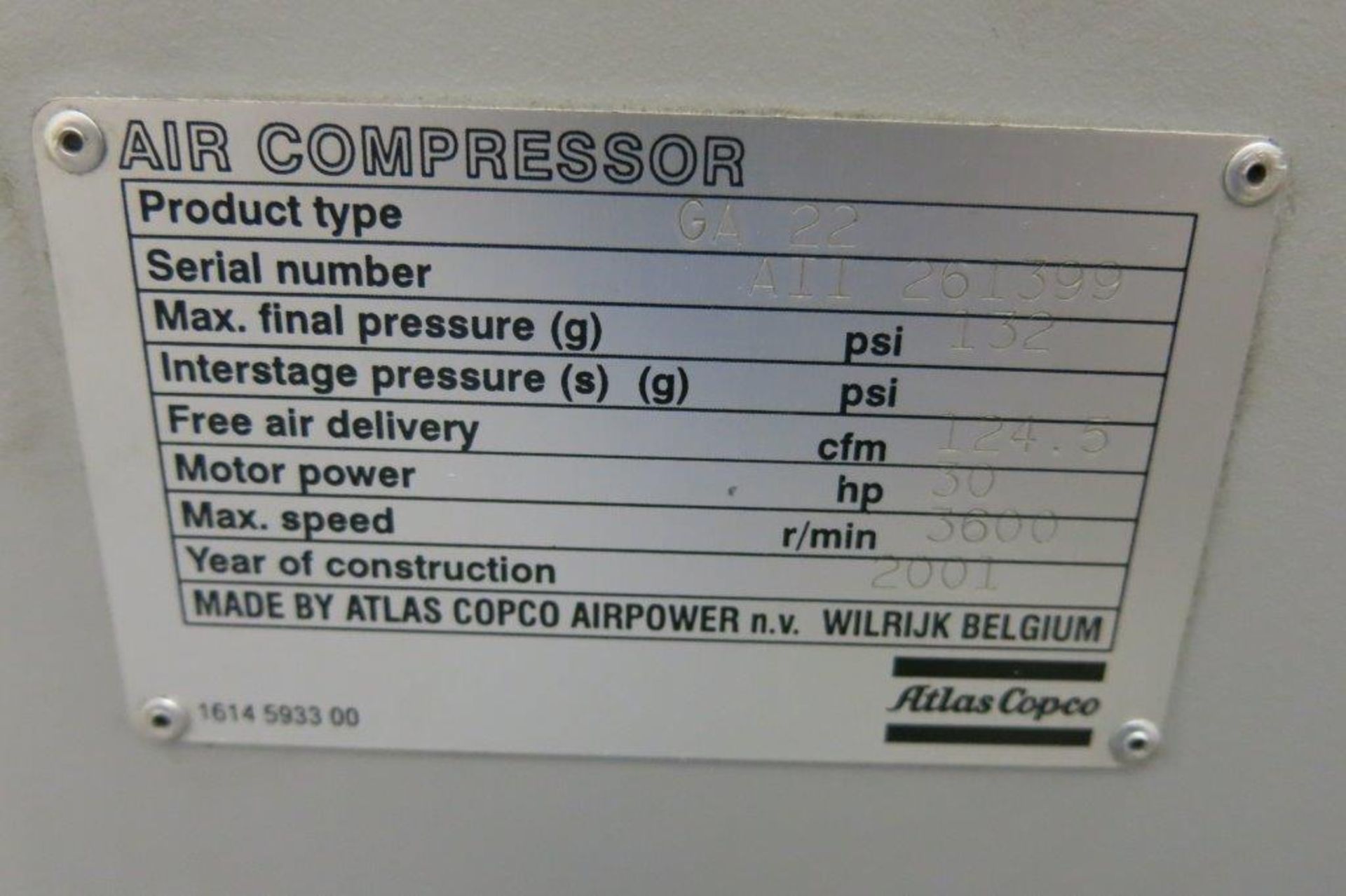 ATLAS COPCO, GA22, 30 HP, ROTARY SCREW AIR COMPRESSOR, 2001, S/N AII 261399, (RIGGER REQUIRED) - Image 4 of 5