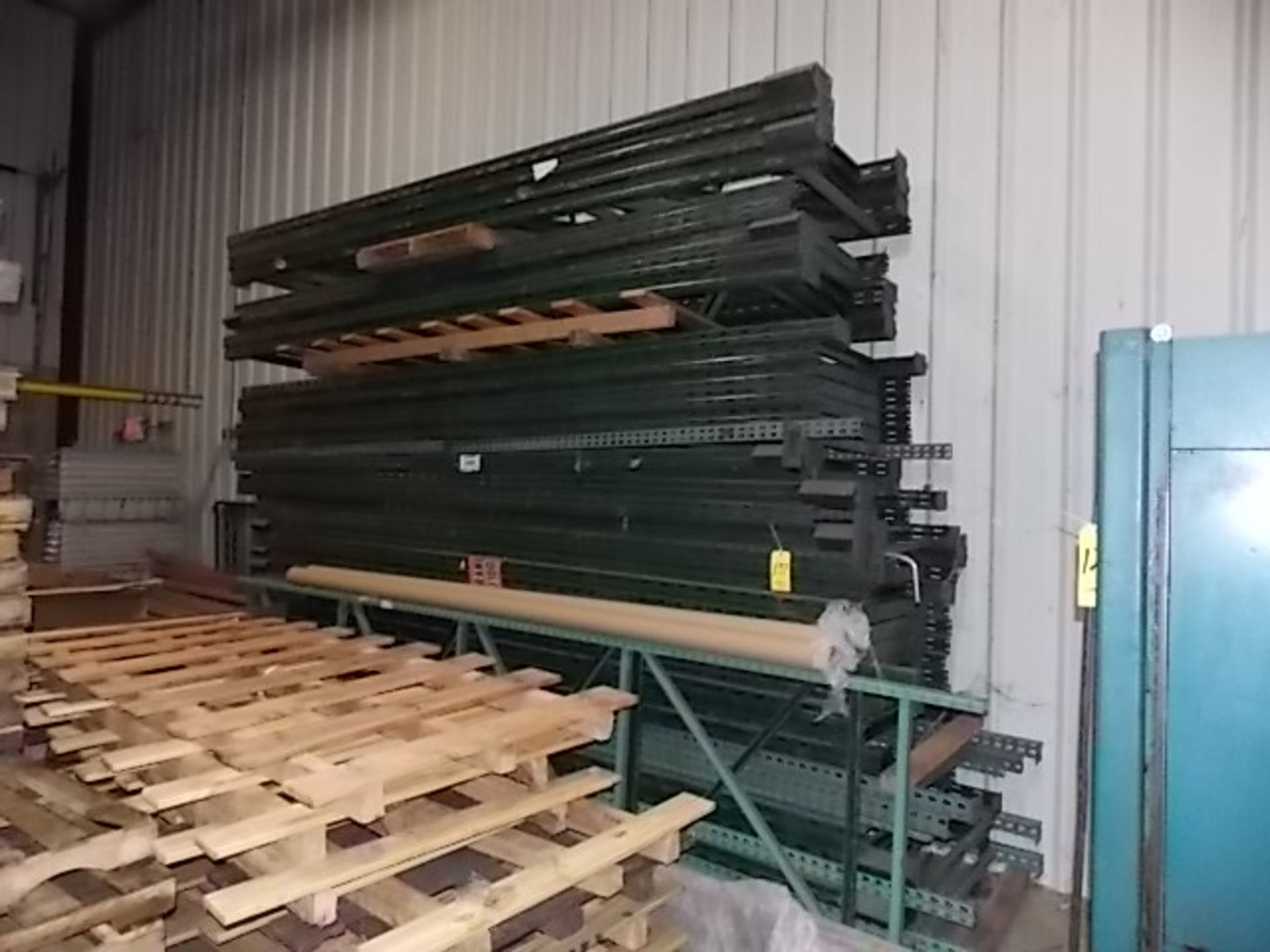 LOT: Approx. (40) 15 ft. & 16 ft. Pallet Rack Uprights, with (3) Pallets of Mostly 8 ft. Cross Beams