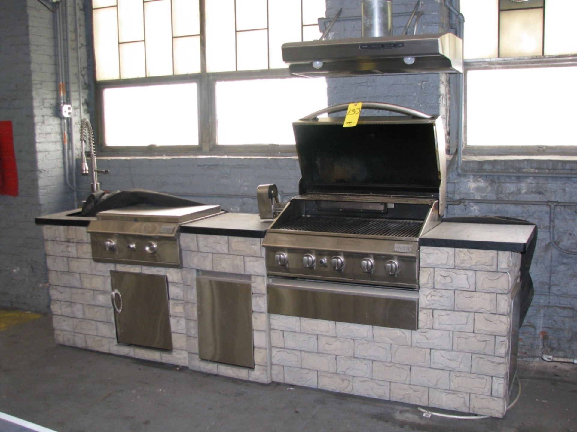 Grand Cafe Outdoor Kitchen Gas Grill with Rotisserie, Flat Top Griddle, Burner & Sink