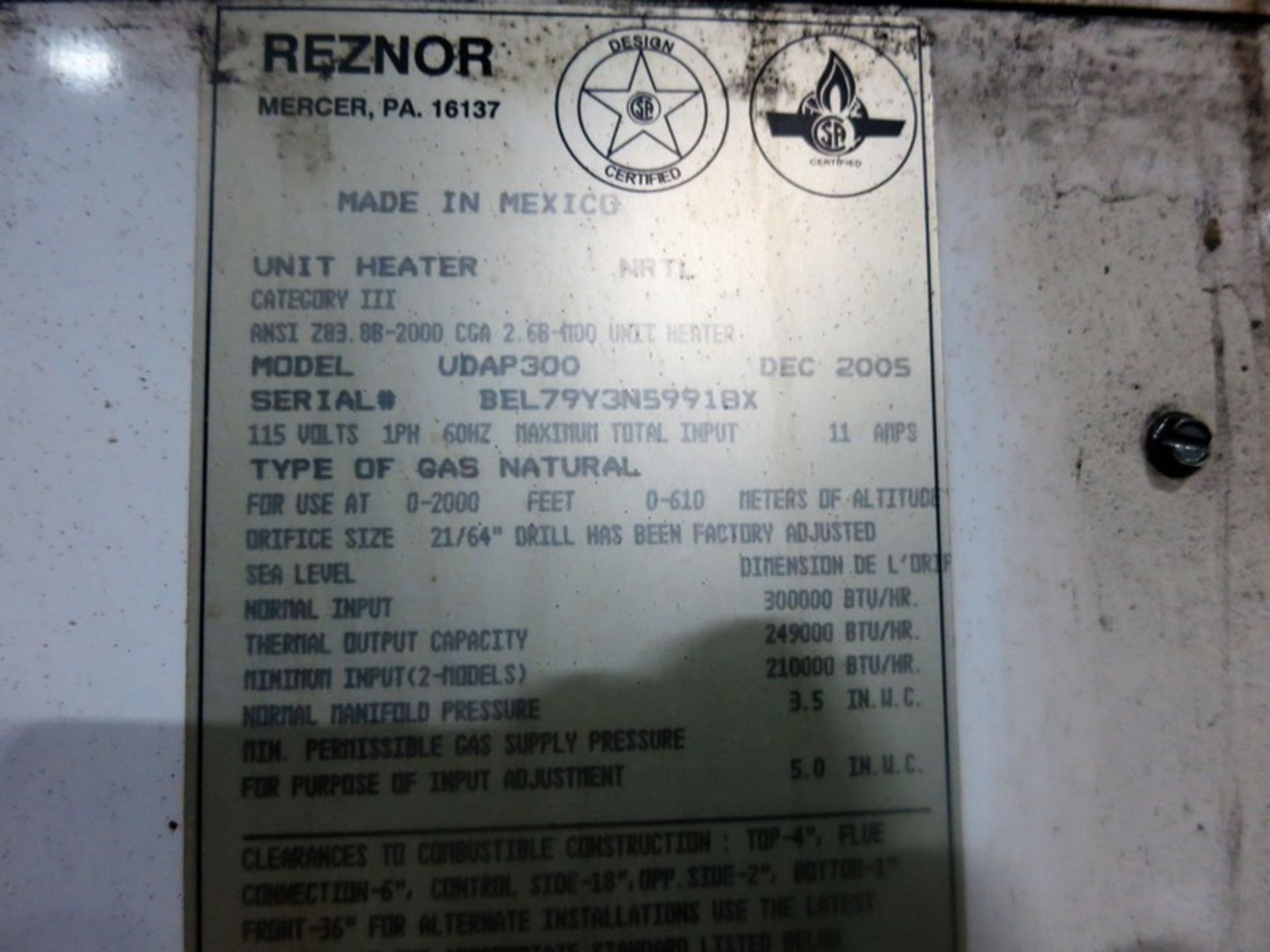 REZNOR MODEL UDAP 300 GAS FORCED AIR FURNANCE - Image 3 of 3