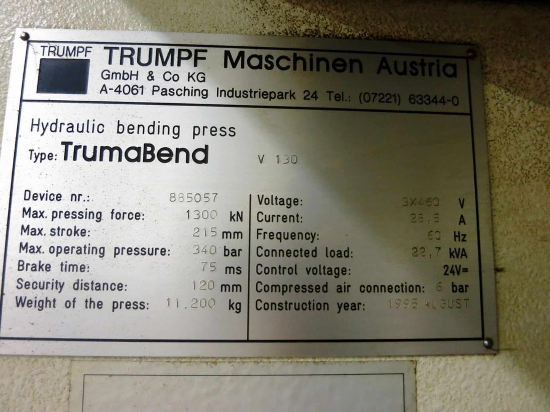 Trumpf Model Trumabend V130 6-Axis Hydraulic Press Brake, S/N 885057, New 1995 - Image 8 of 16