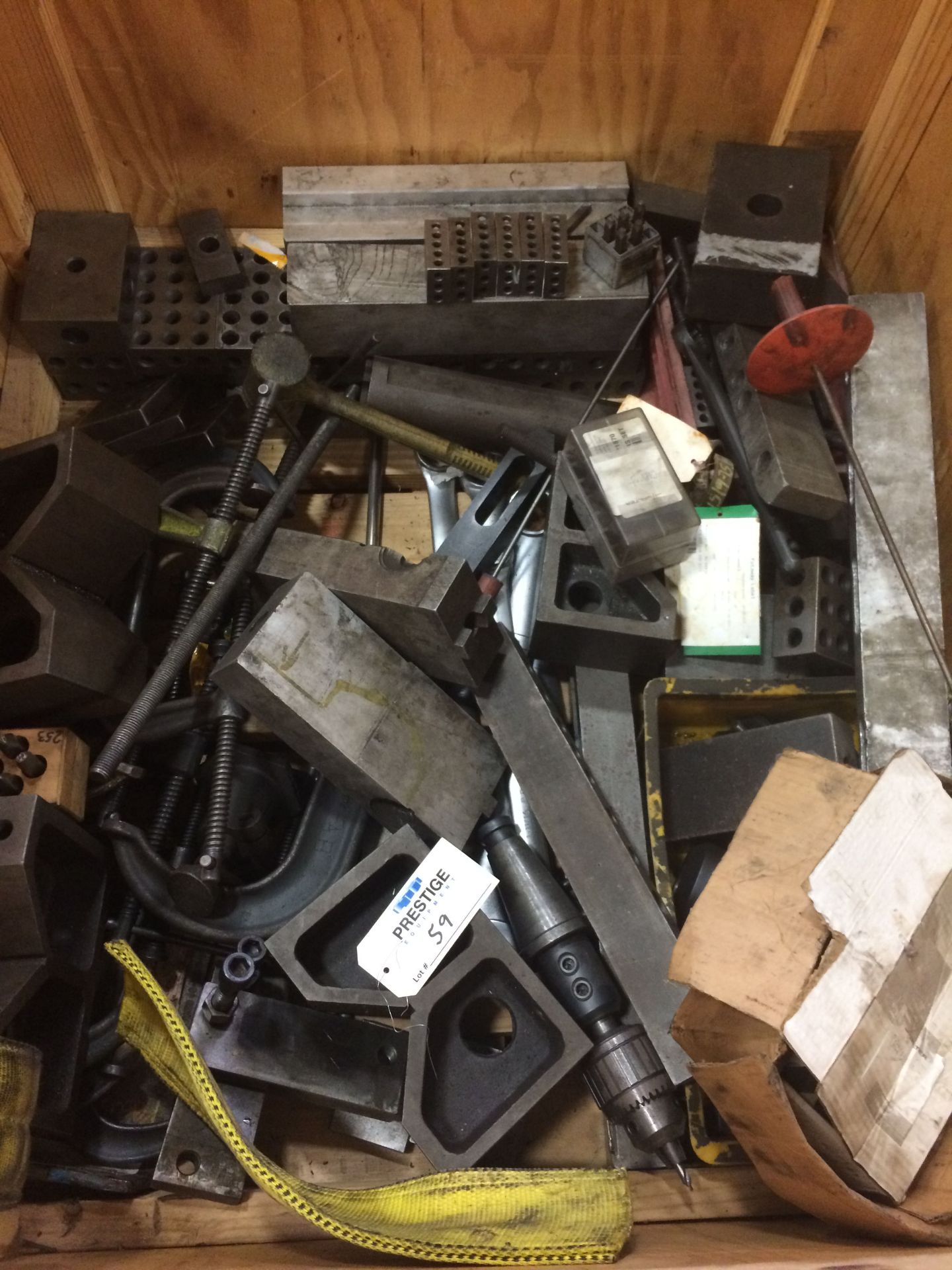 BOX OF HOLD DOWN CLAMPS, LETTER STAMPS, C-CLAMPS, AND LARGE BOX WRENCHES, MORE