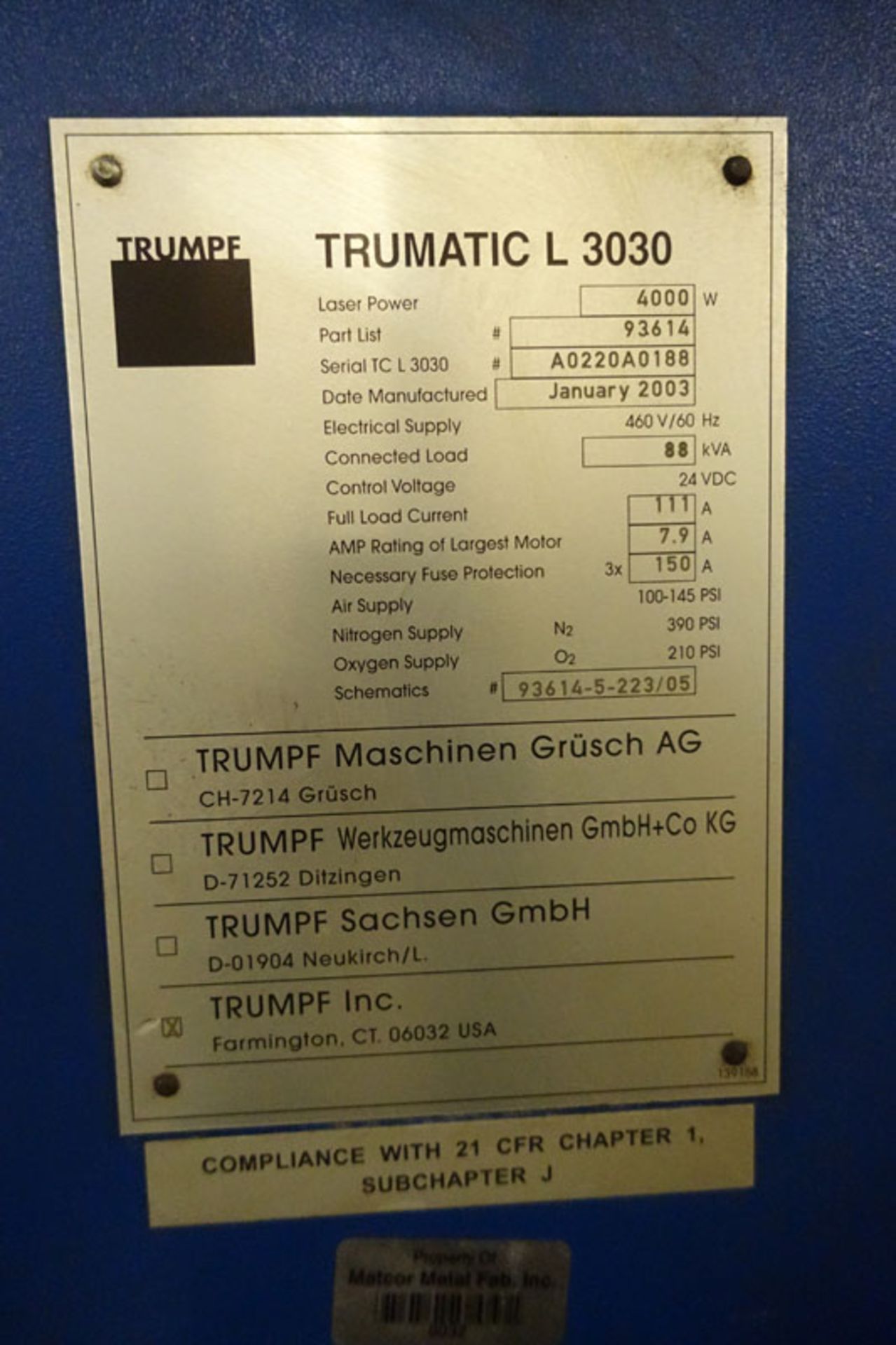 4000 Watt Trumpf L3030 CNC Laser, 5' x 10', Pallet Changer, Siemens 840D, 2003 - Image 11 of 11