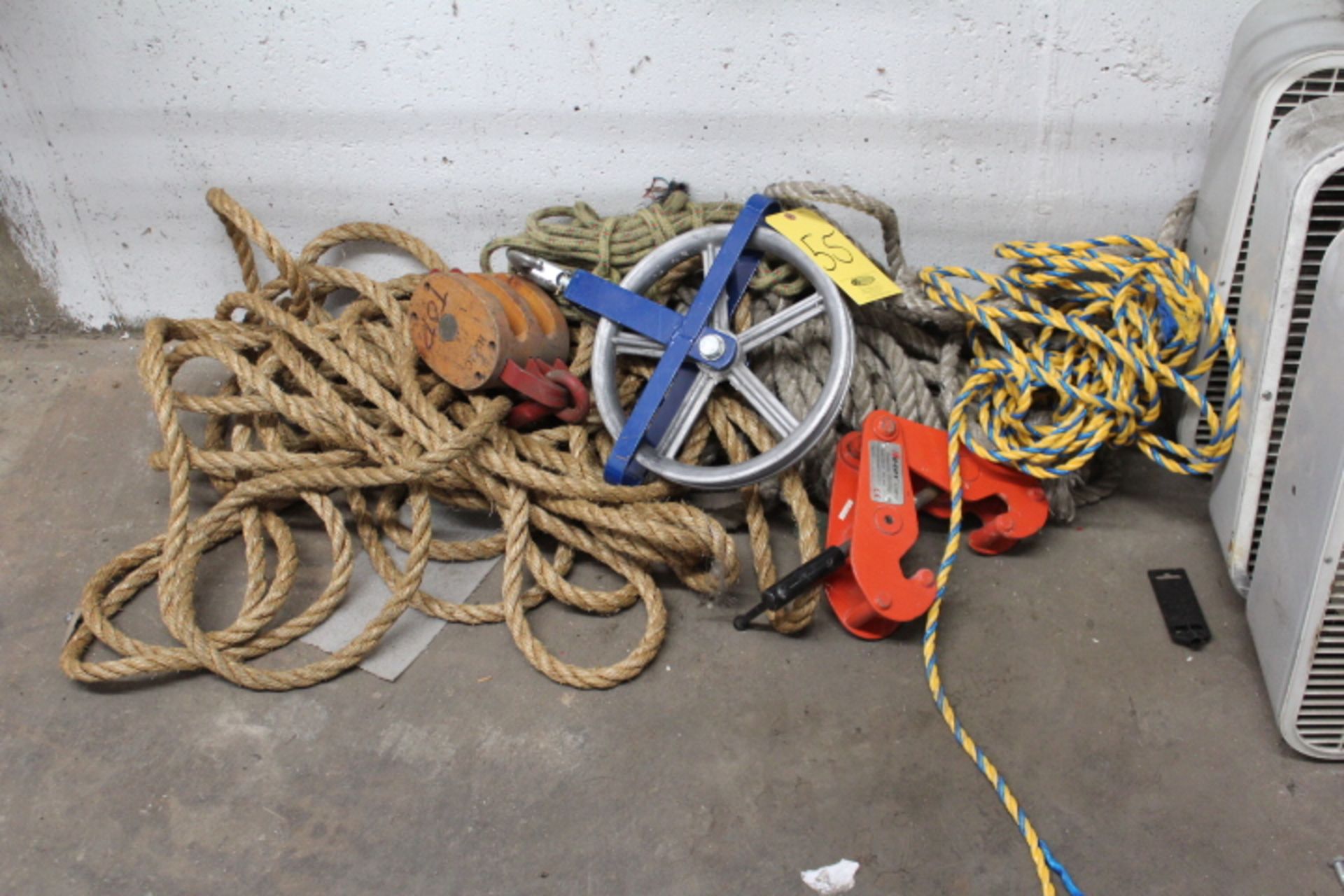 BEAM CLAMP, BLOCK, PULLEYS AND ROPE