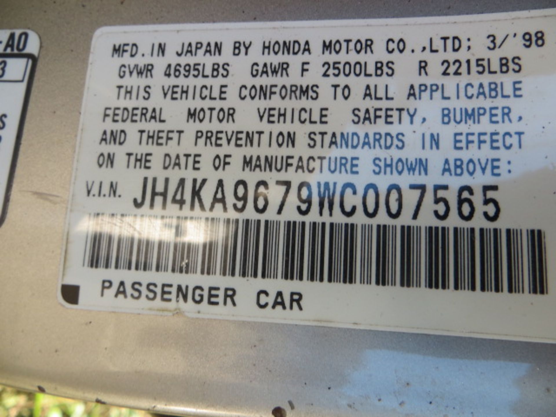 1998 Acura RL 112000 MILES,VIN JH4KA9679WC007565, SOLD WITH GOOD TRANSFERABLE TITLE, ALL VEHICLES - Image 3 of 3