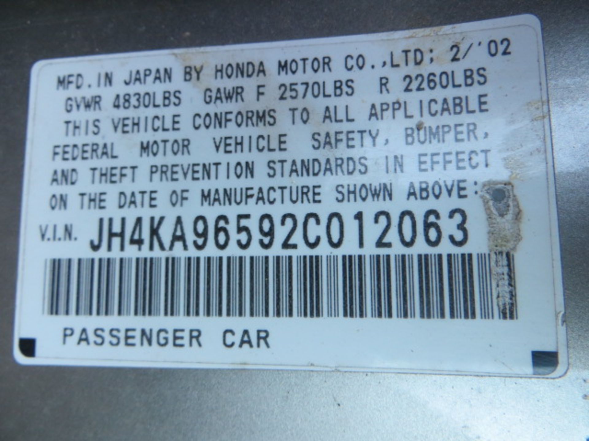 2002 Acura-NEED IGNITION 165000 MILES,VIN JH4KA96592C012063, VEHICLE BEING SOLD WITH SALVAGE TITLE - Image 2 of 3