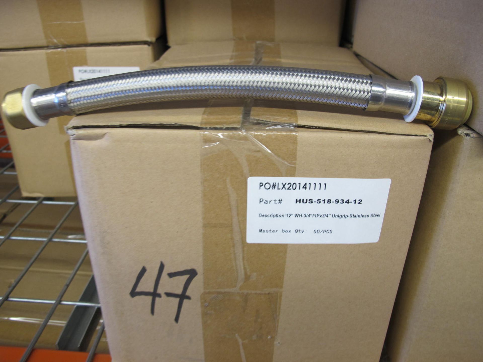 Lot 9 Boxes / Approx. (422 Pcs.) 12'' Water Hose 3/4'' FIP x 3/4'' Unigrip Stainless