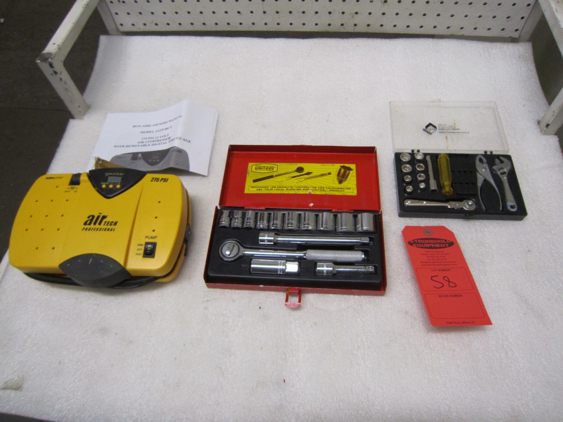 Lot of 2 Socket & Wrench Sets as well as Portable Air Compressor Unit Bon-Aire model ATP50CT