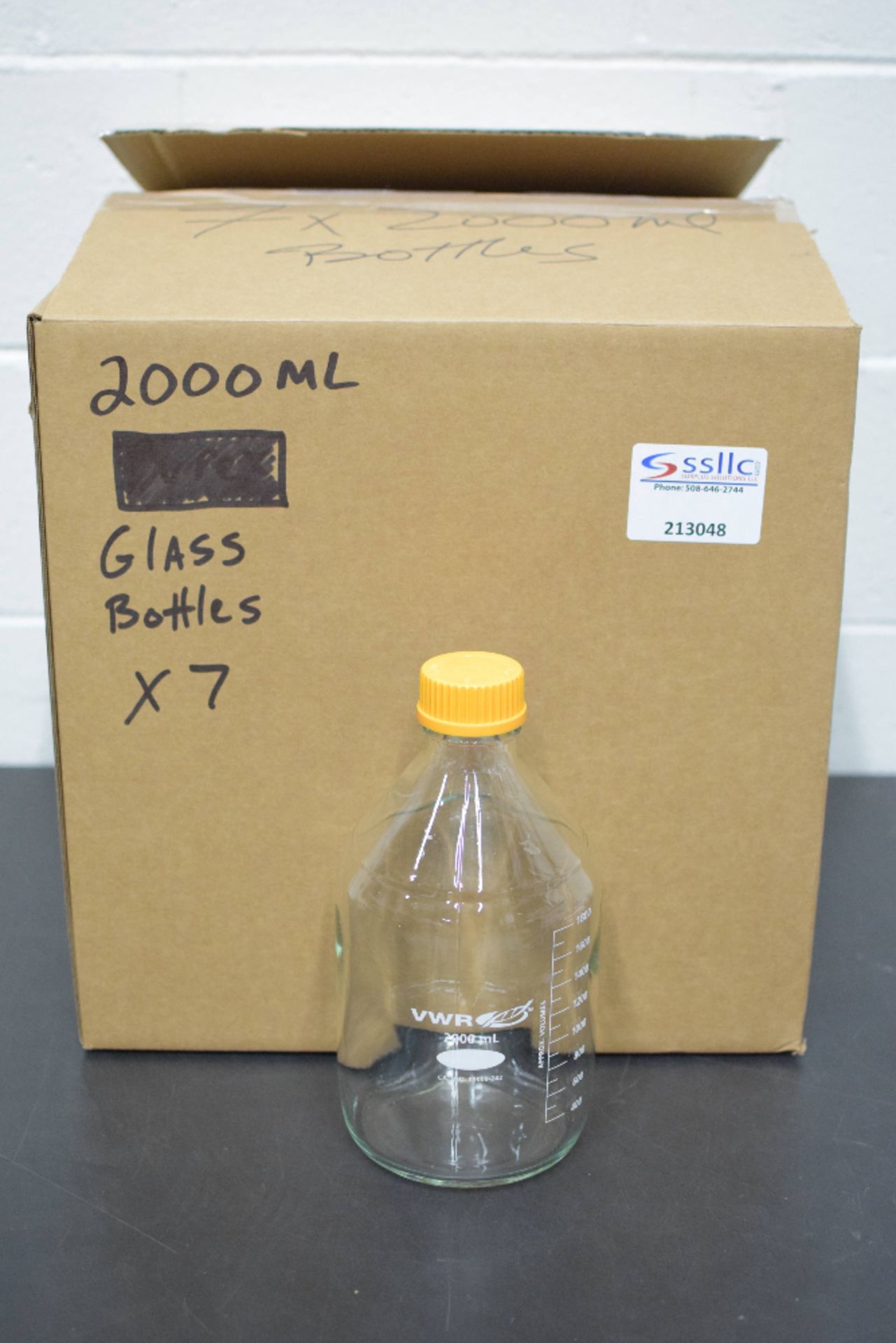 Lot of (7) VWR 2000ml Glass Bottles