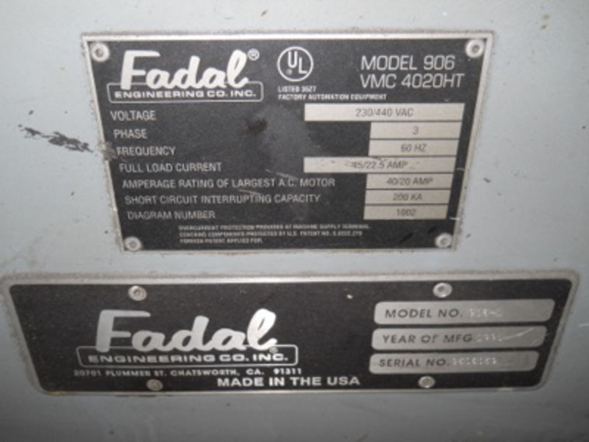 (1995) Fadal mod. 906-1 VMC 4030 Vertical CNC Machine Center w/ Fadal CNC 88 HS CNC Controls; S/N - Image 3 of 4