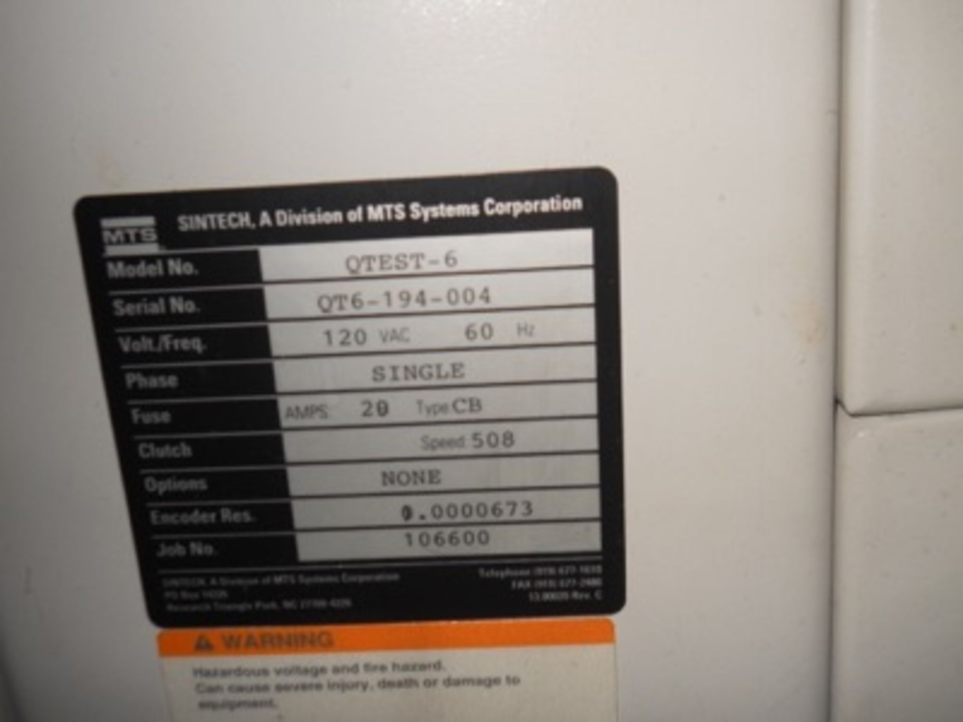 MTS Systems mod. Q-Test-6 Tensile Tester, 120 Volts, 1PH, 29 Amps; S/N QTS-194-004 - Image 3 of 4