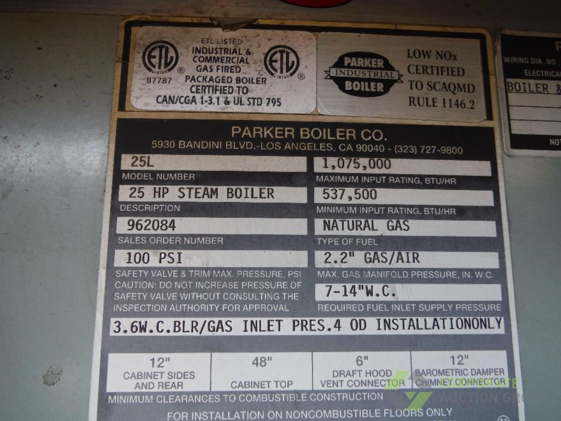 2000 Parker 25 hp steam boiler, Model 25L, SN 51908 natural gas, 1,075,000 max btu/hr., 863 lb./ - Image 3 of 8