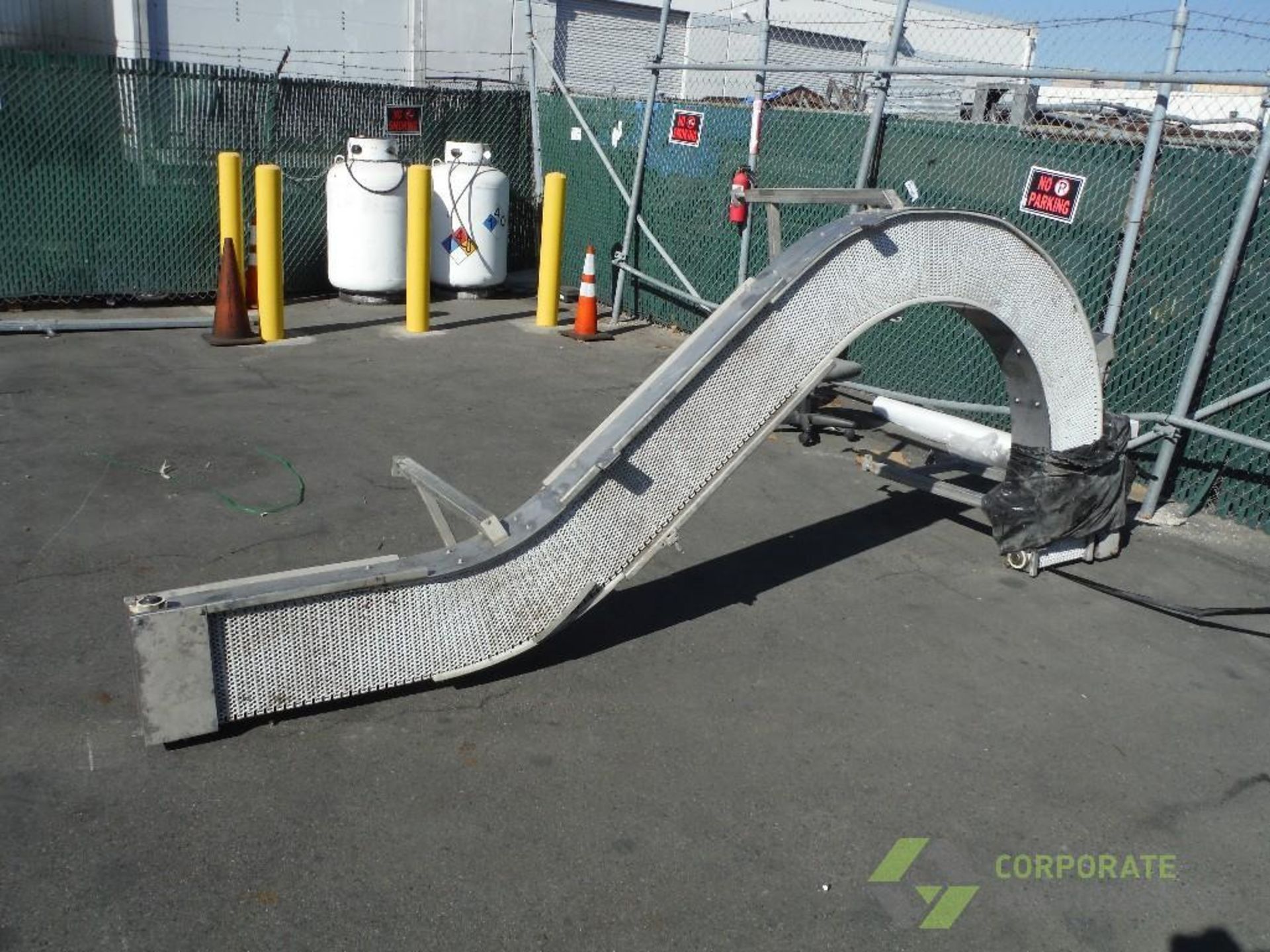90 degree conveyor, 12 in. wide belt, overall 152 in. long x 60 in. wide x 38 in. tall, SS frame,