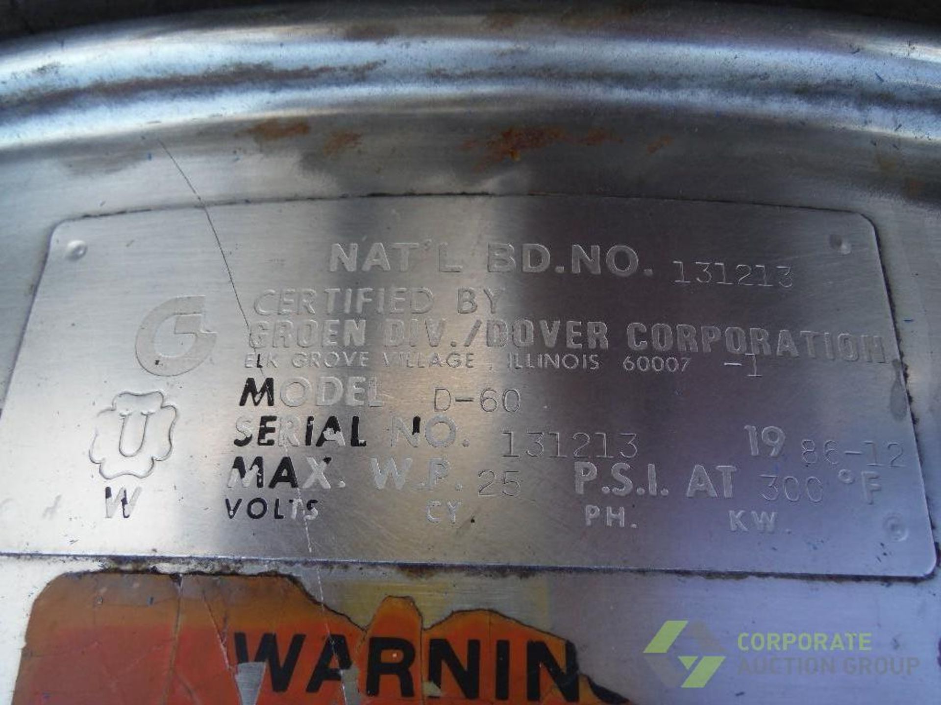 Groen 60 gallon tilt kettle, Model D-60, SN 131213, 1/2 jacket, 25 psi @ 300 F, manual tilt - Image 4 of 4