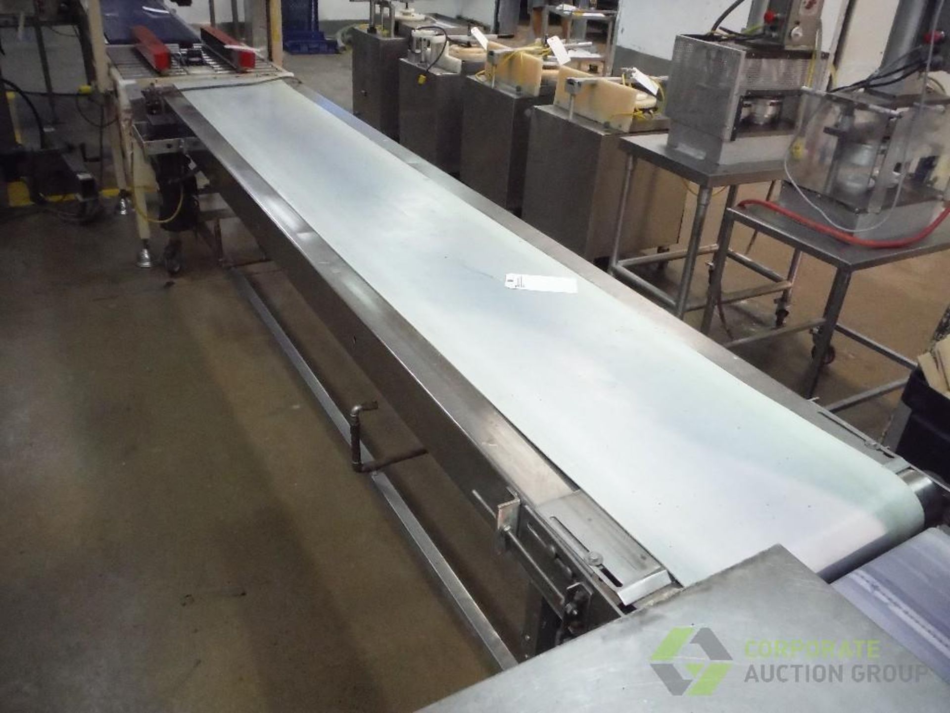 Belt conveyor, 130 in. long x 23 in. wide x 35 in. tall, SS frame, motor and drive, on casters, - Image 2 of 6