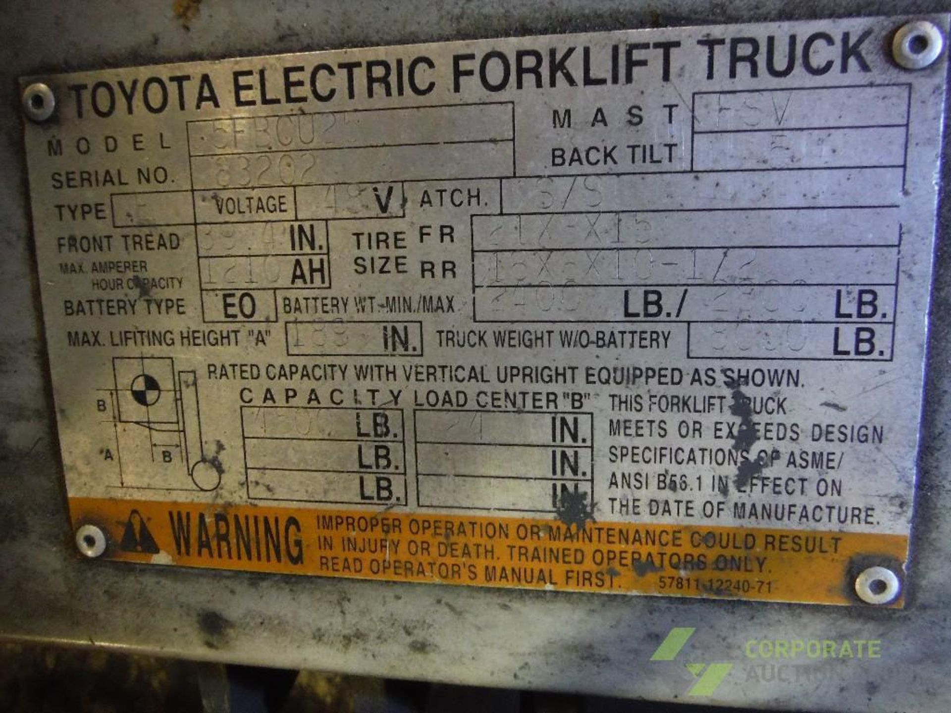 Toyota 48 volt electric fork lift, Model 5FBCU25, SN 63202, 4500 lb. capacity, 3 stage mast, 188 in. - Image 6 of 7