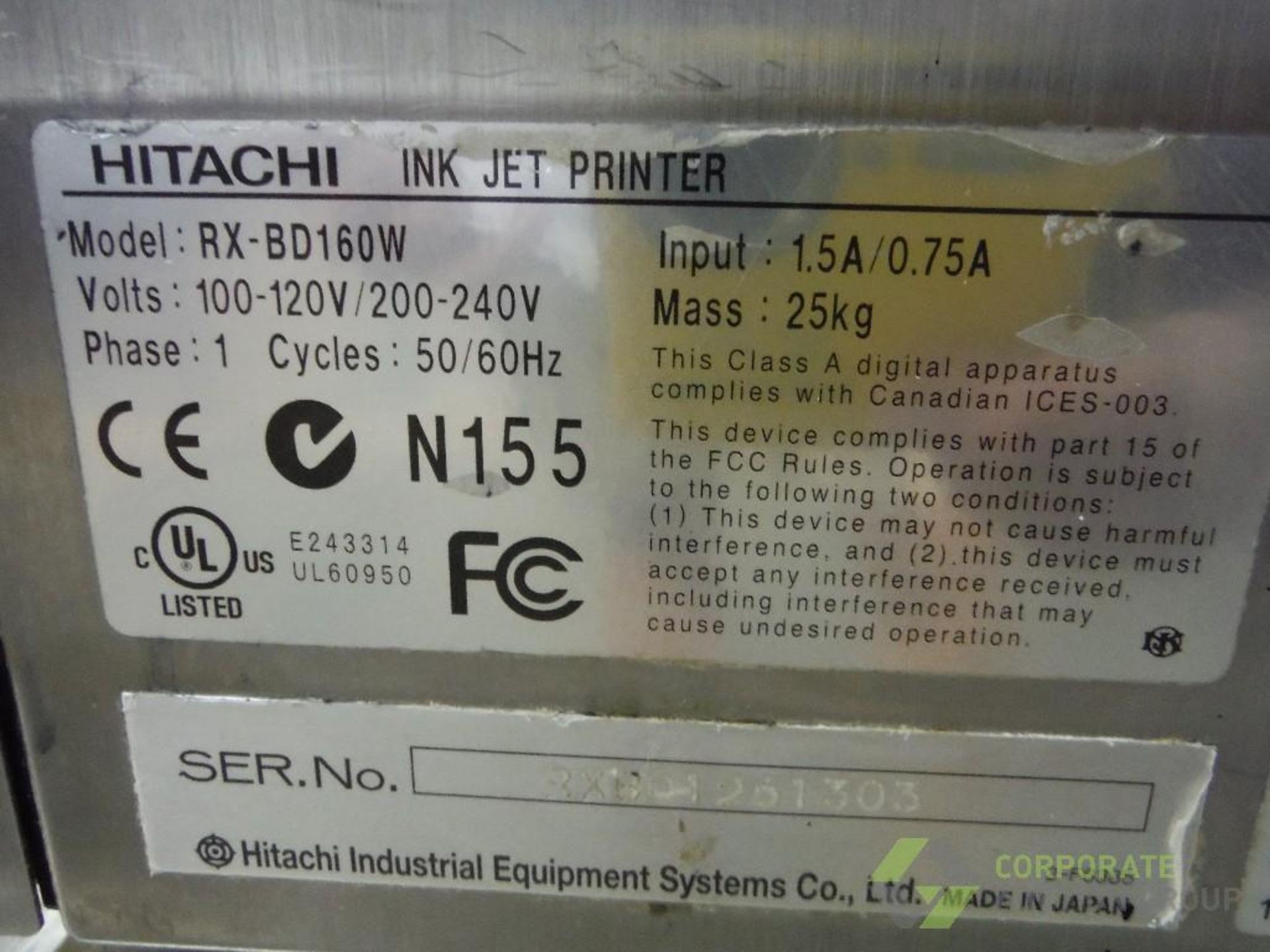 Hitachi ink jet printer, Model RX-BD160W, SN RXB01261303, on SS cart, with head - Image 5 of 7