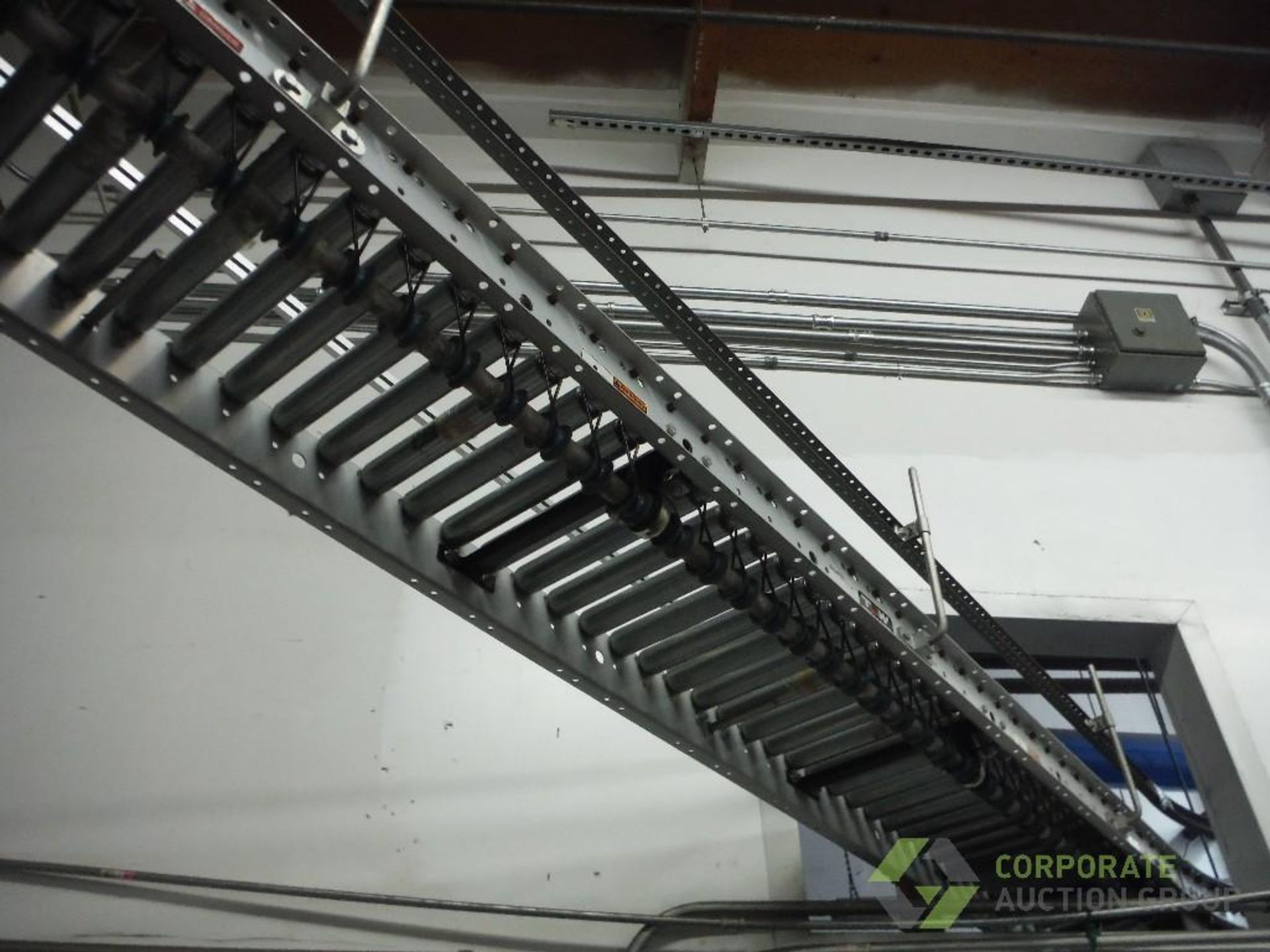 Overhead powered roller conveyor, approx. 60 ft. long x 16 in. wide, with approx. 30 ft. of skate - Image 2 of 7