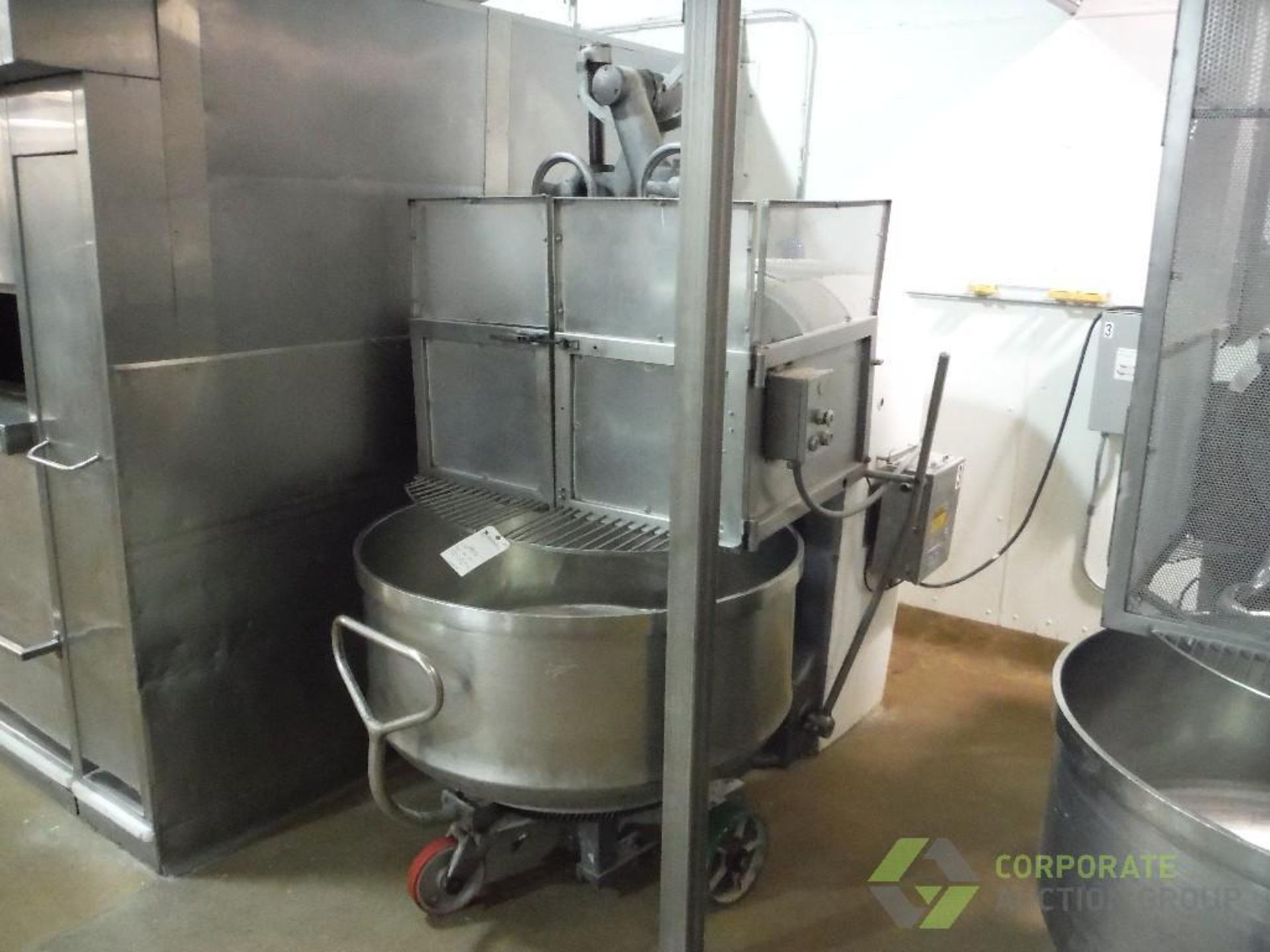 Colborne double arm mixer, Model DM530, SN 206-90, with SS mix bowl and cart, 44 in. dia.